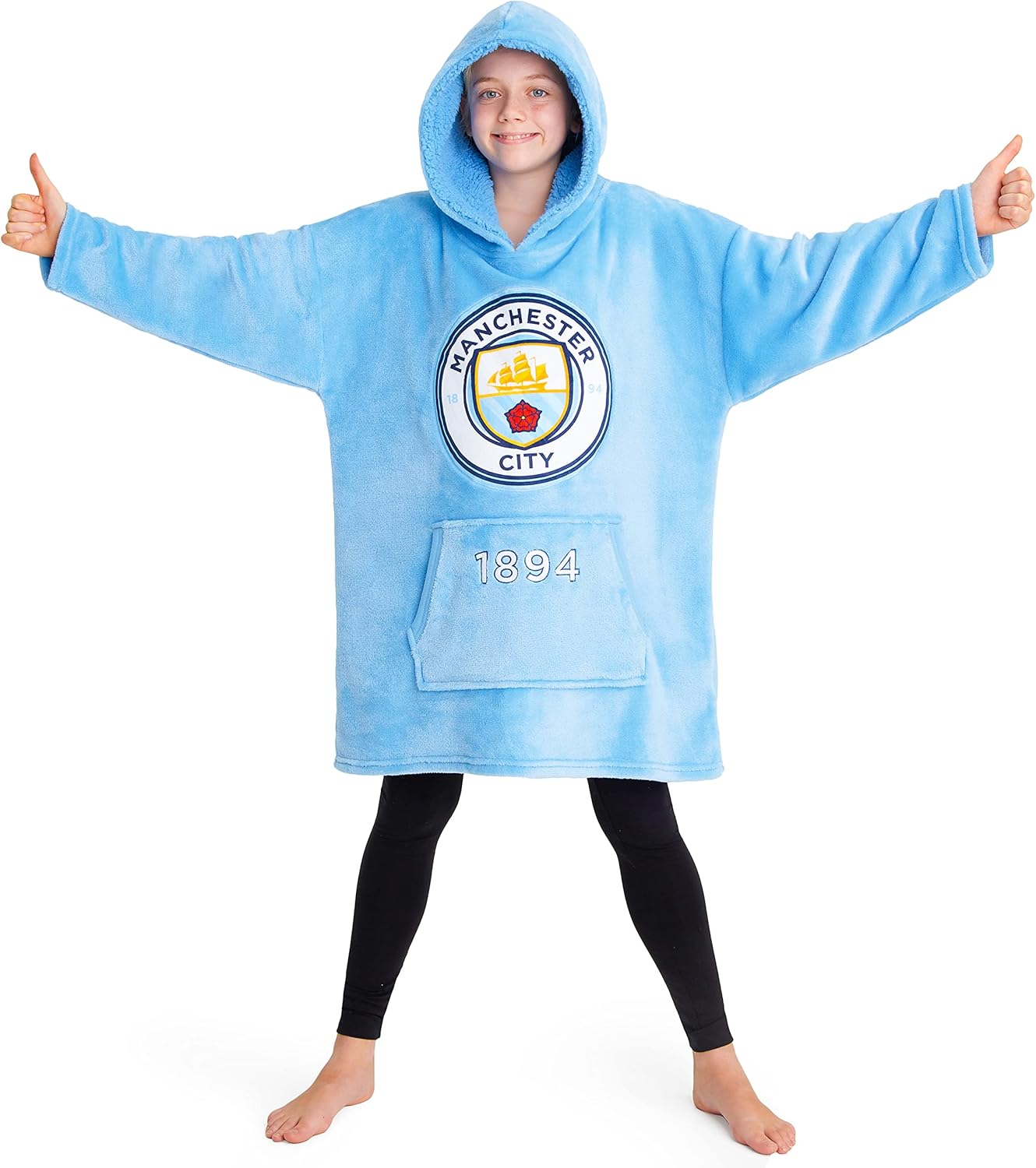 Manchester City F.C. Blanket Hoodie for Kids Teens Fleece Wearable Blanket Cozy Hooded Blanket Sweatshirt with Sherpa Hood Soccer Gifts for Boys Blue