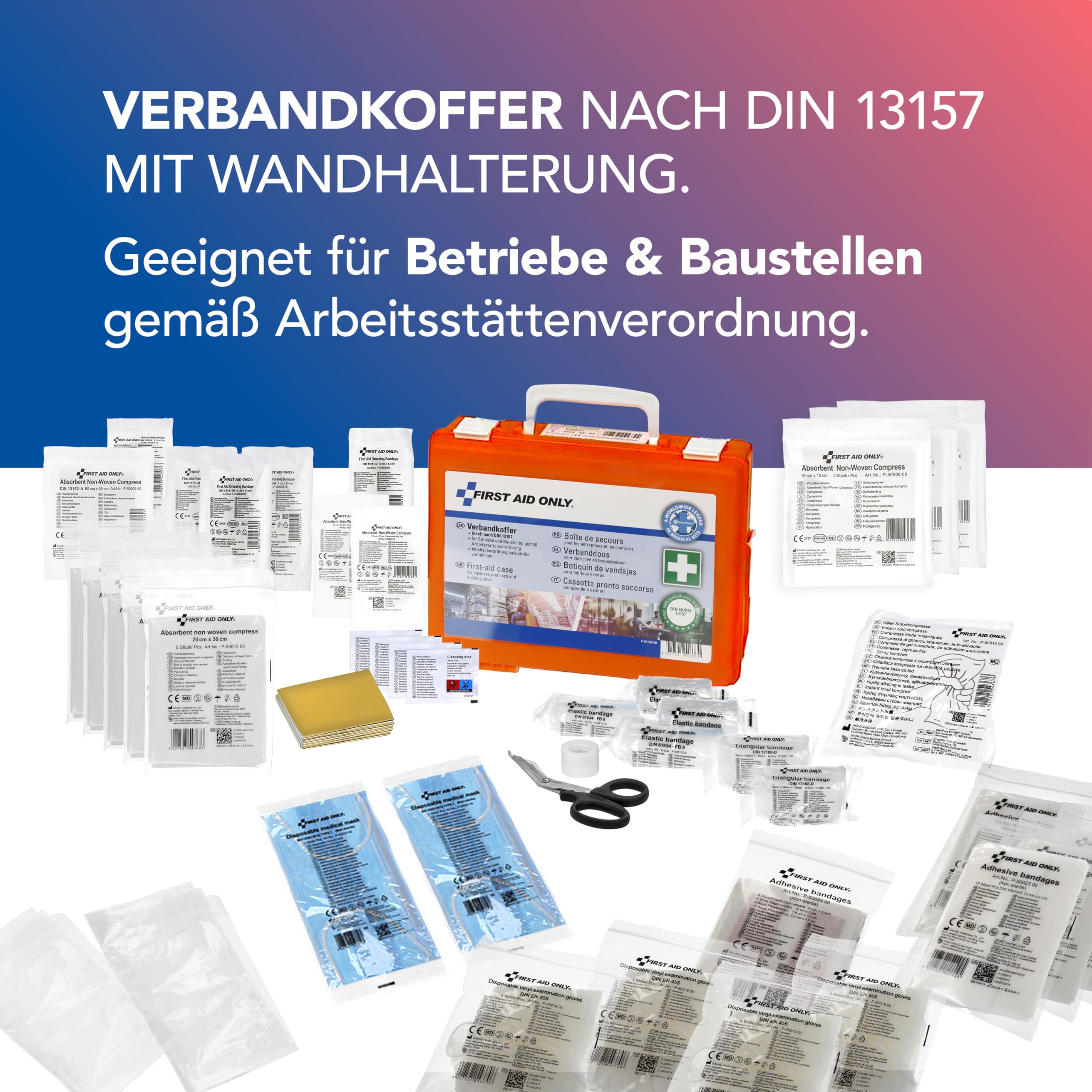 First Aid Only Erste Hilfe Koffer DIN 13157 mit Wandhalterung | Kompakter Verbandskasten für Betriebe und Haushalte gefüllt nach DIN 13157:2021 | Inkl. Tragegriff & Montagematerial | P-51002 00
