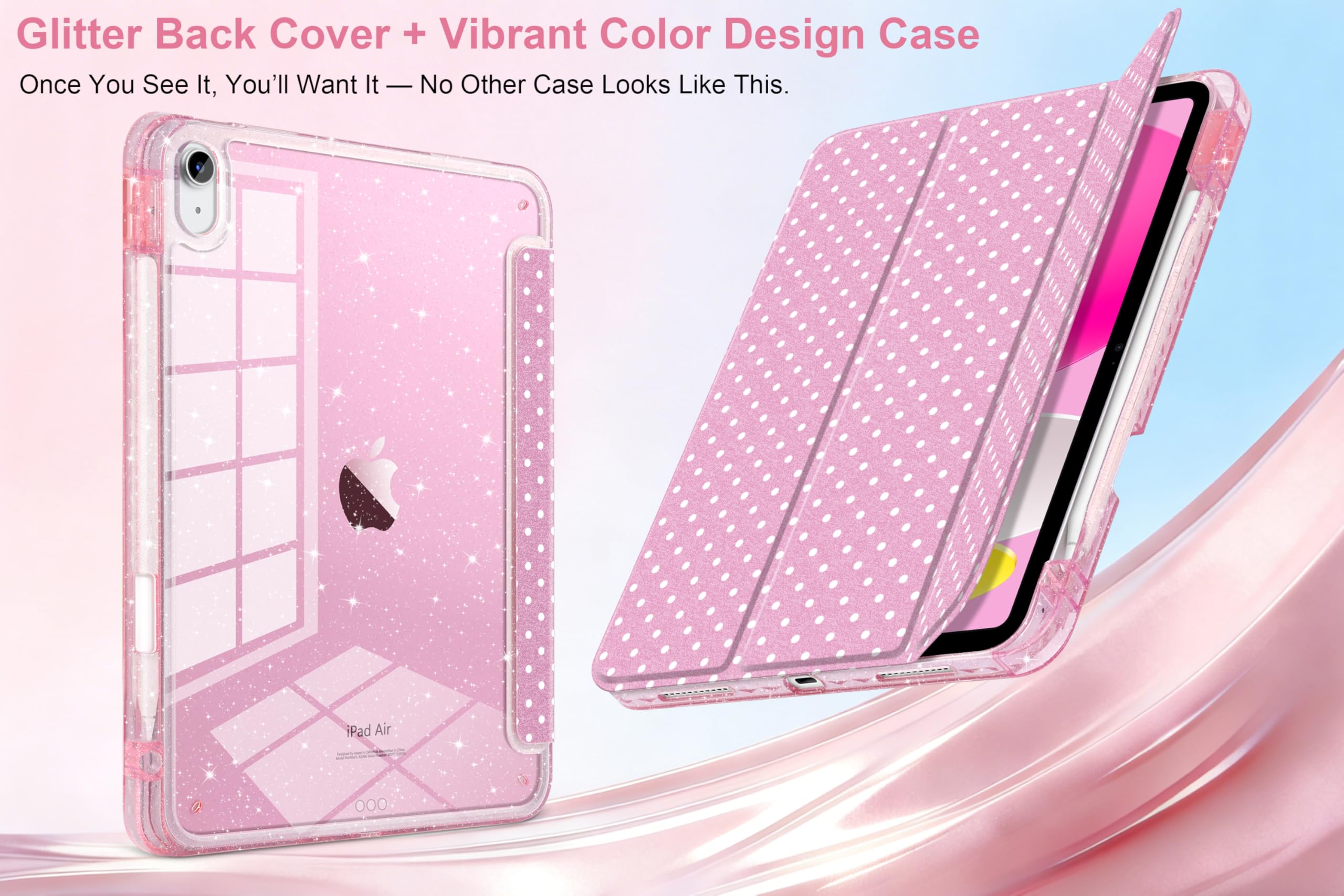 MEEgoodo Custodia per iPad Air 13" 2026 (M4) / 2025 (M3) / 2024 (M2), custodie per tablet glitterate con retro in acrilico trasparente + supporto a tre pieghe + portapenne, accensione e spegnimento