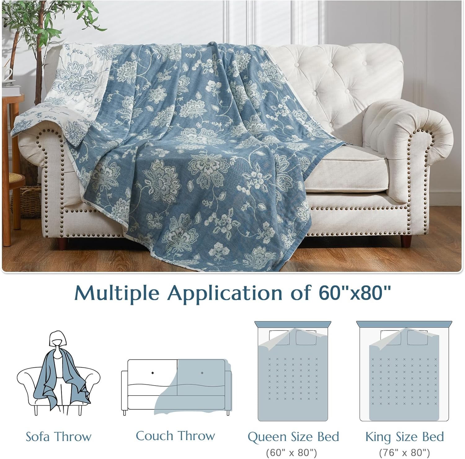 jinchan Boho 100% Cotton Muslin Twin Size 60x80 Inches Blanket Lightweight 4-Layer Quilted Soft Blue and White Floral Throw Blanket Green Accents Reversible Comfy Flower Summer Couch Bedroom Decor - Image 6