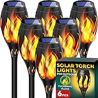 GEROSSI Solar Tiki Torches 6-Pack - Waterproof Flickering Flame Outdoor Lights, Auto On/Off for Yard, Patio, Garden, Pathway