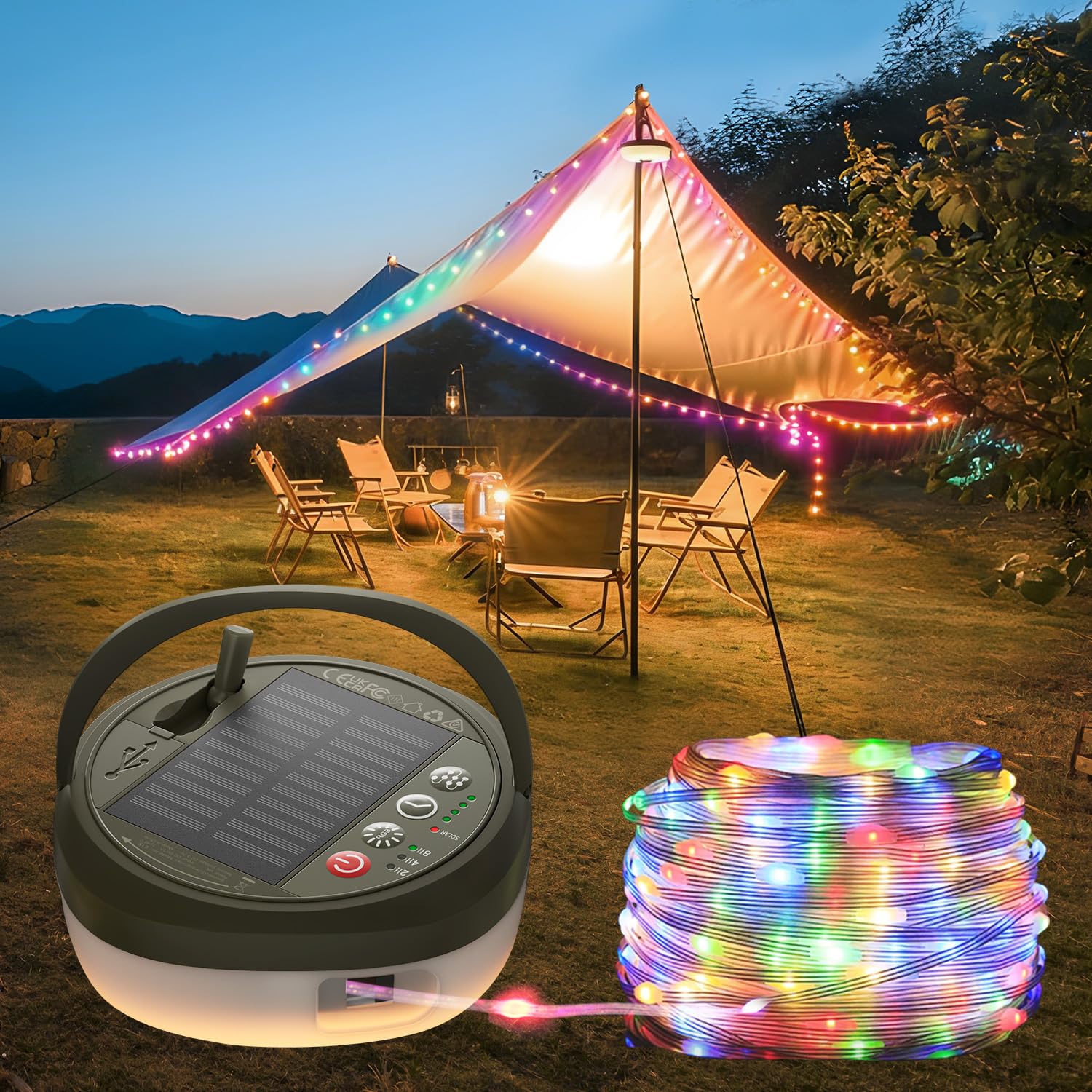 Glocusent Camping Lichterkette Aufrollbar 10M 130 LED, 2-in-1 Solar LED Lichterkette mit 20 Beleuchtungsmodi, USB Wiederaufladbare Campinglampe, Wasserdicht für Camping, Wandern, Garten, Party