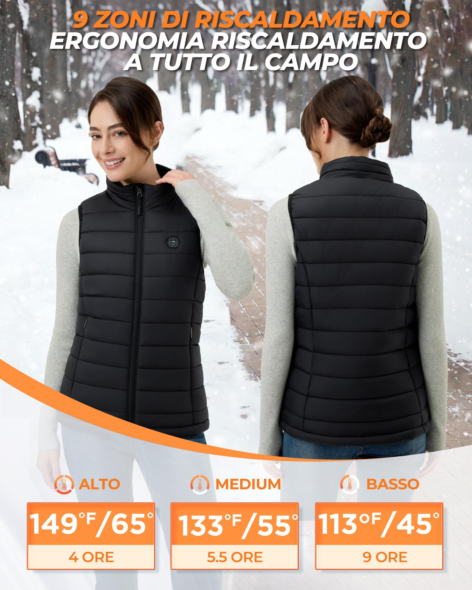 Gilet Riscaldato Donna con Batteria Inclusa da 7.4V e 16000mAh, 9 Zone di Riscaldamento, 3 Livelli di Temperatura Regolabili Semplicità Classica Gilet, Ideale per Attività all'Aperto Viaggi Sport