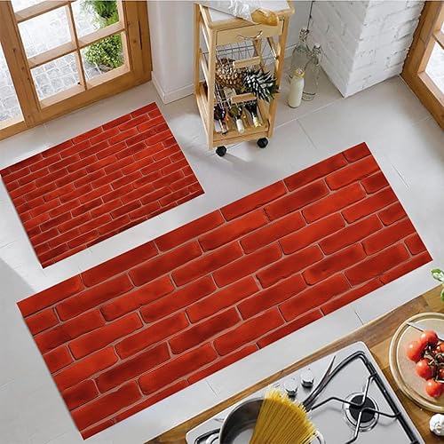 2Pcs Farmhouse-Style Brick Wall Kitchen Mats for Floor Deep Red Retro Geometric Printed Non-Slip Washable Rugs Set Runner for Holiday Decor Entrance