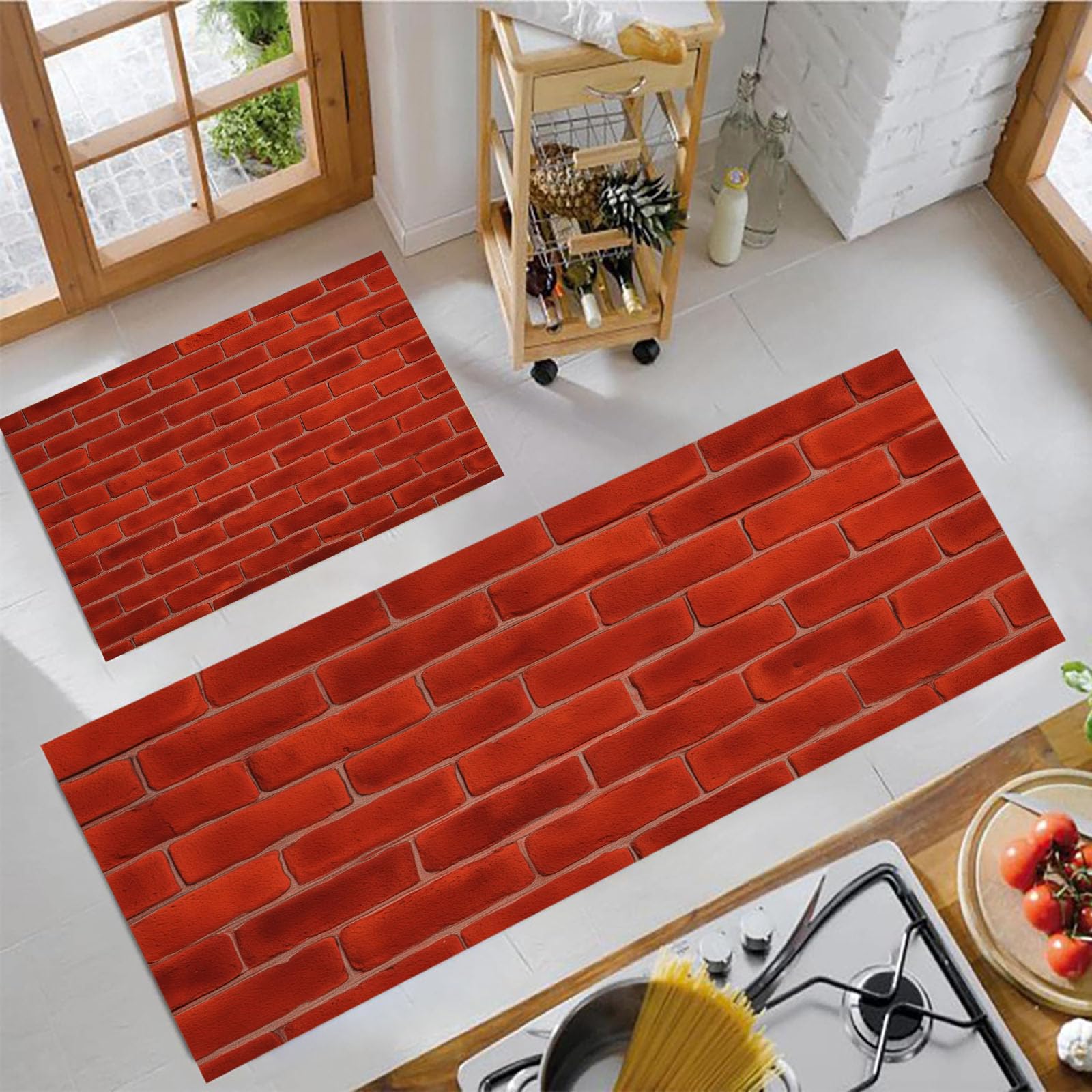 Tapetes de cocina absorbentes y alfombras para pasillo retro con diseño geométrico rojo