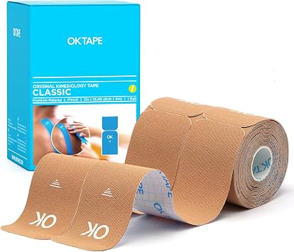OK TAPE Kinesiology Tape 10 inches Precut, 20 Strips, Cotton Elastic Athletic Tape Latex Free, 2inch x 16ft, 2 Rolls Beige