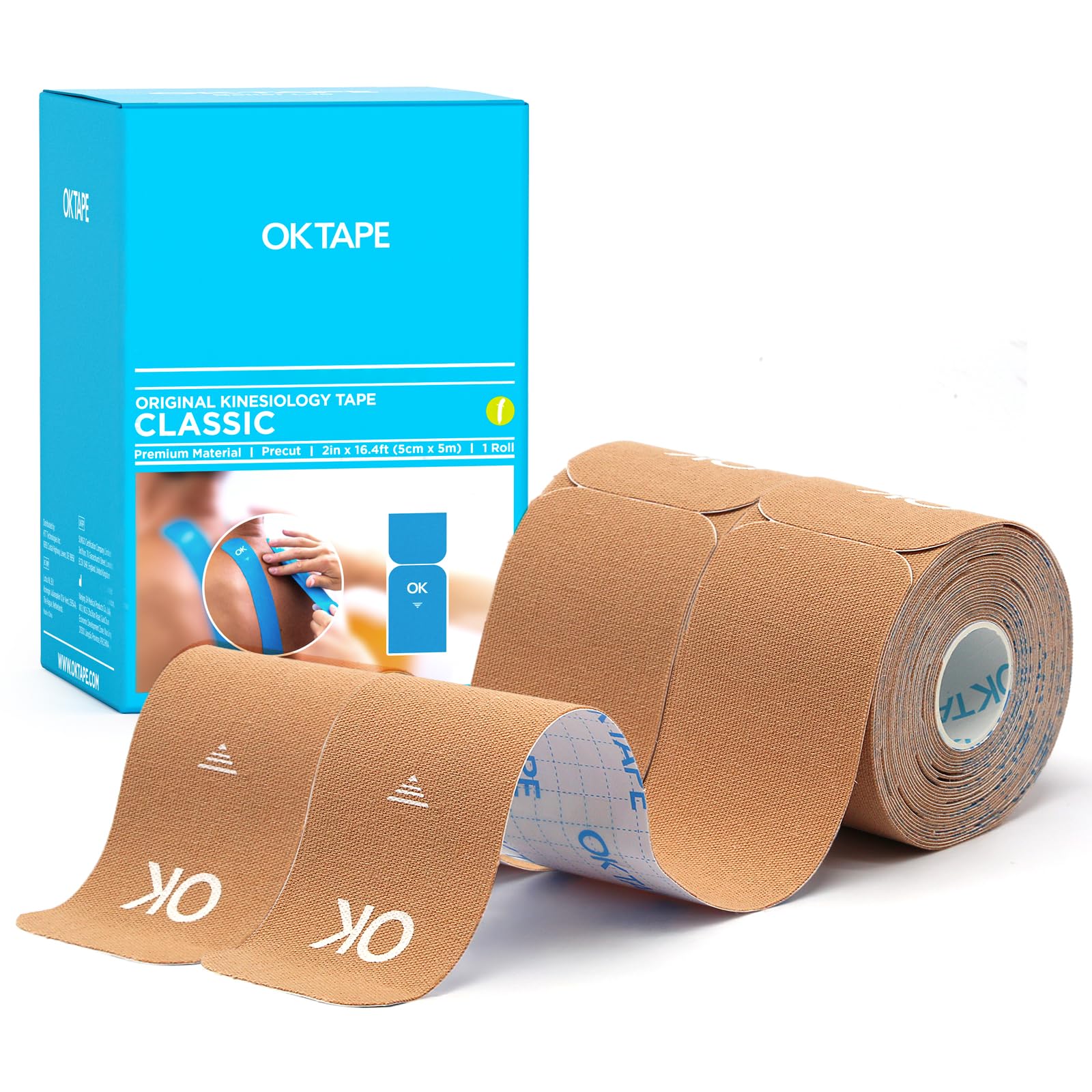 OK TAPE Kinesiology Tape 10 inches Precut, 20 Strips, Cotton Elastic Athletic Tape Latex Free, 2inch x 16ft, 2 Rolls Beige