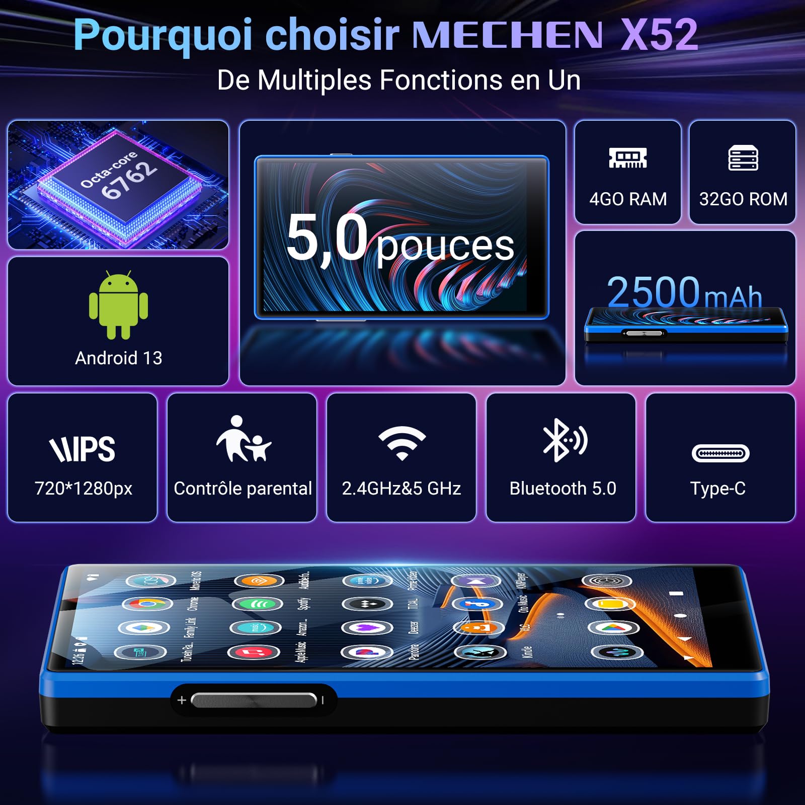 MECHEN 160 Go Lecteur MP3 Spotify, 5 Pouces Tactile Lecteur MP4