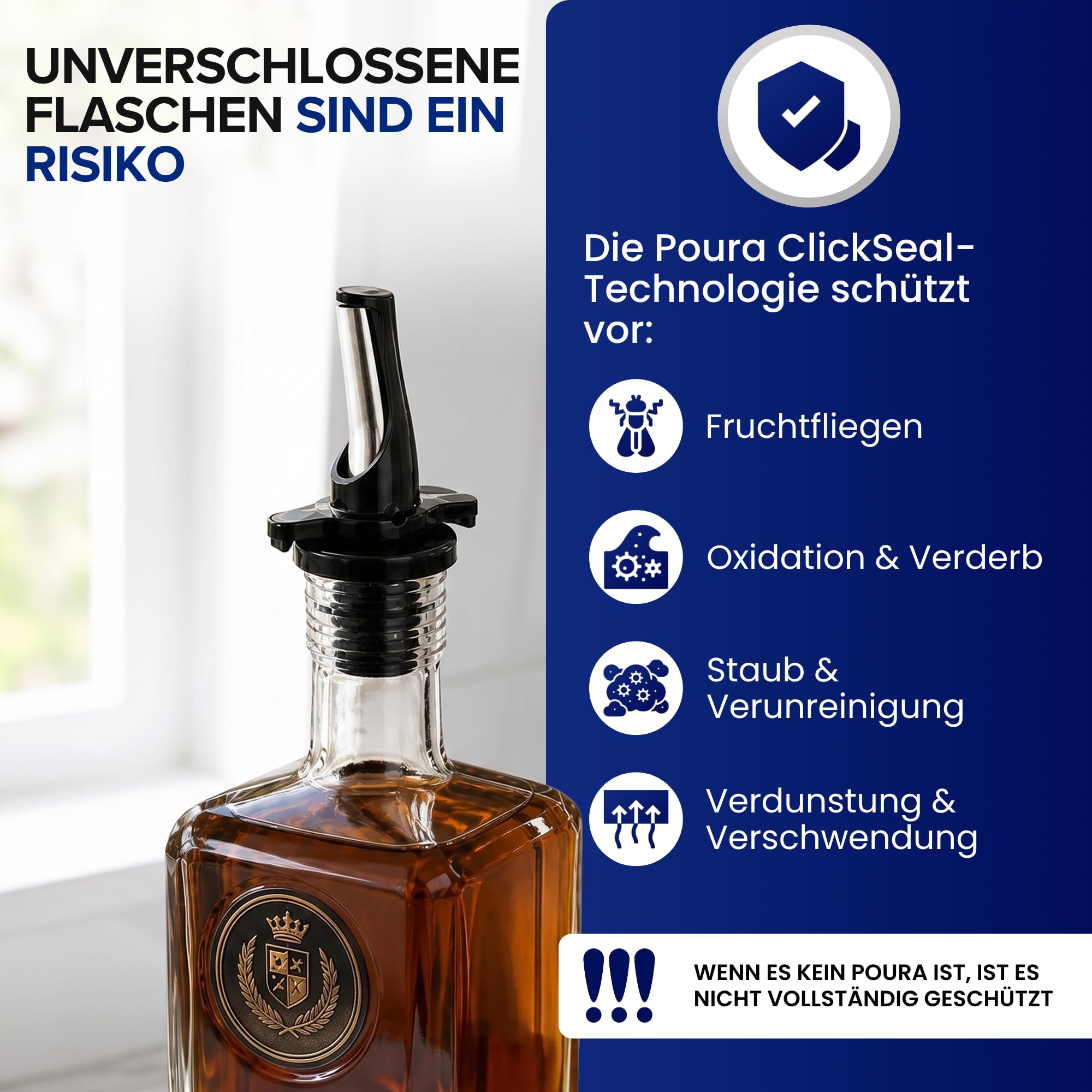 Poura Ausgießer für Spirituosen oder Olivenöl - Spülmaschinenfeste Flaschenausgießer mit Luftdichten Kappen. Edelstahl Schnapsausgießer | Ölausgießer - Silver Ausgiesser 2 Pack mit 2 Adaptern