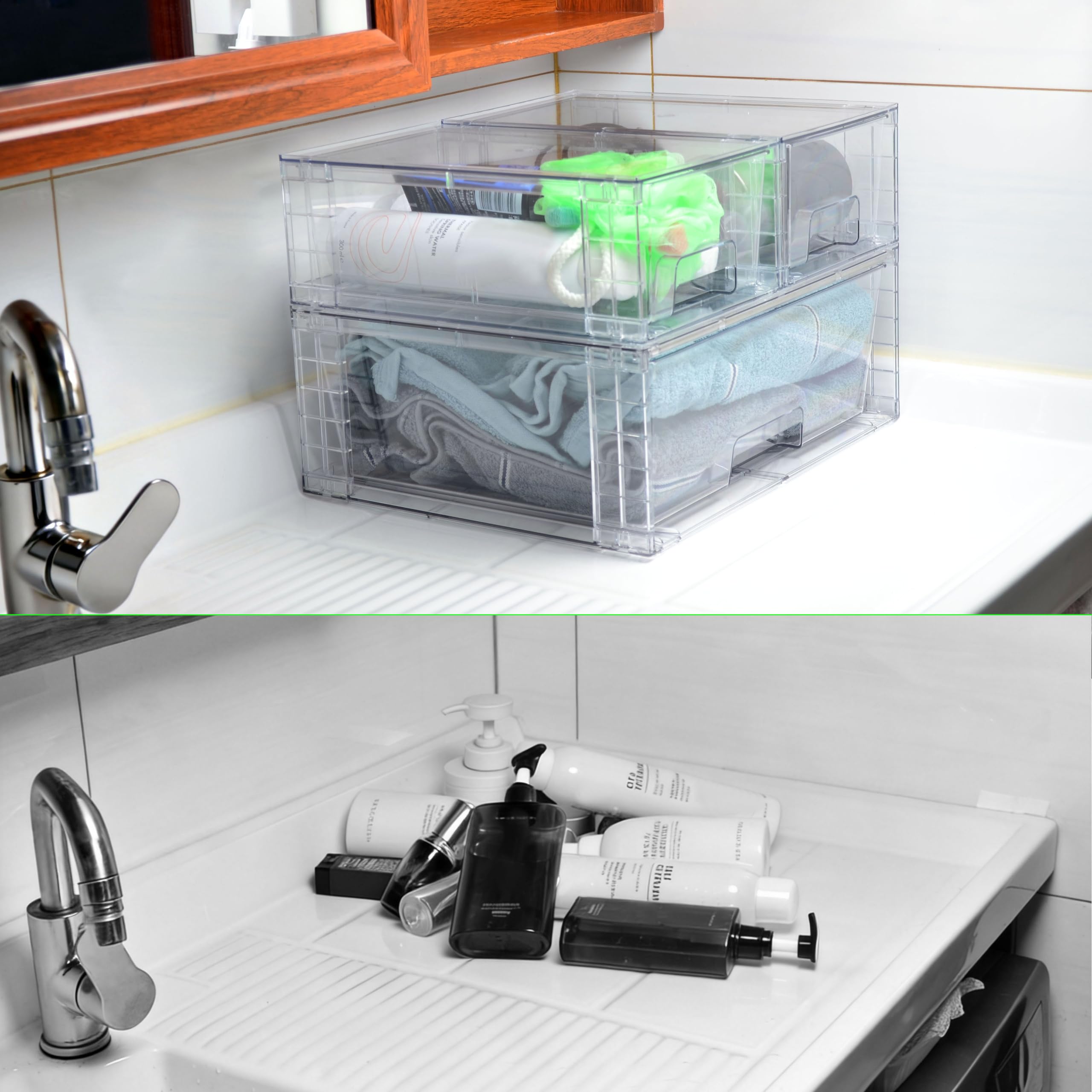 3er Set Breite Stapelbare Aufbewahrungsschubladen für Bad und Küche, Hochfeste Klare Acryl Organizer mit Griffen Einfach Zu Montierende Kunststoffboxen für Kühlschrank Schrank und Speisekammer