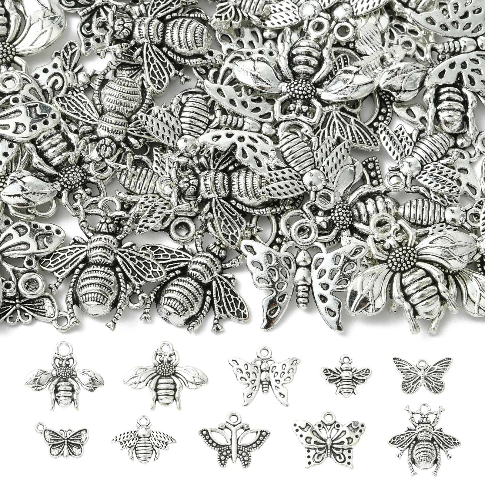 Stiesy 100Pcs Tibetan Style Bees & Butterfly Charms Pendants, Alloy Antique Silver Inserts Shape Charms for Jewelry Making, Bulk Boho Craft Supplies and DIY Accessories