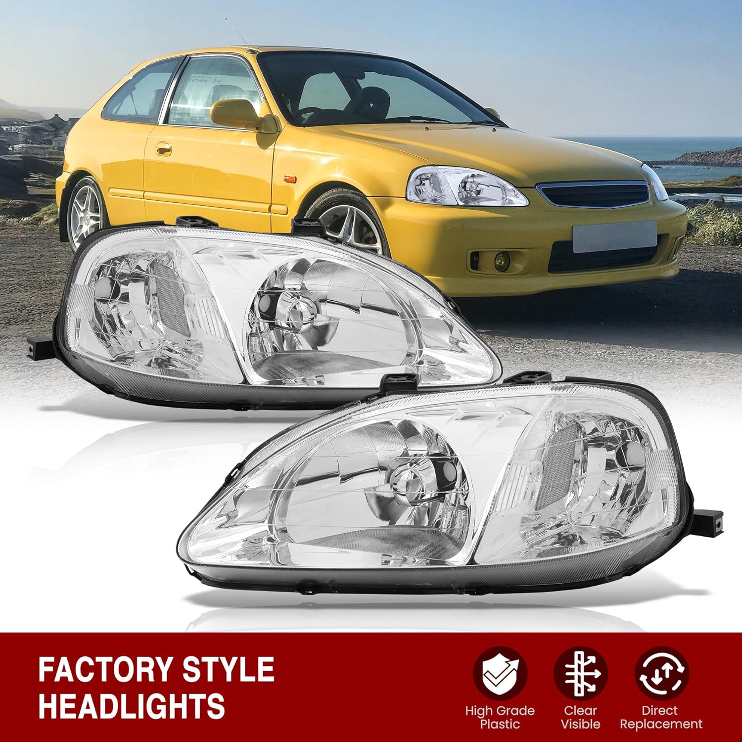 AJP Distributors Front Driving JDM Upgrade Bumper Housing Headlights Headlamps Head Light Signal Lamp Driver Passenger LH RH Complete Assembly Set Pair Compatible/Replacement For Civic 1999 2000 99 00