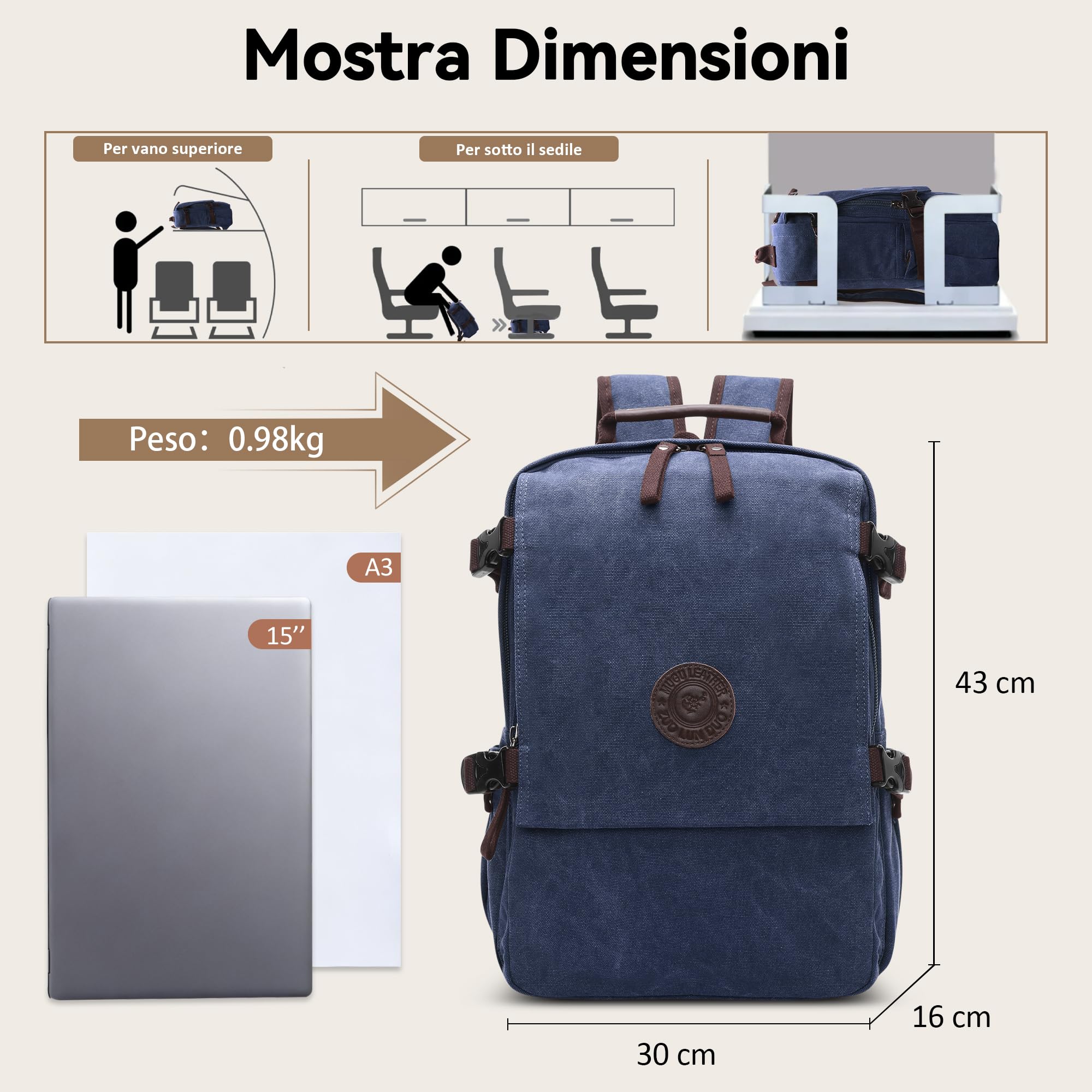 Zaino per Laptop Uomo Tela Zaino Viaggio Adatto per Laptop da 15.6 pollici Outdoor College Campeggio Lavoro Casual Alpinismo Grande Capacità Durevole Blu