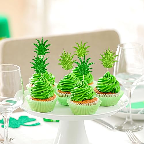 Miniatura 5 de Gyufise Paquete de 24 adornos para cupcakes de piña con purpurina y hojas de dona para cupcakes tropicales hawaianos con temática de Luau para baby
