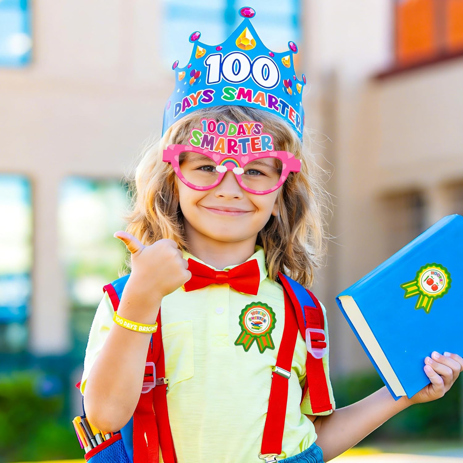 210 Pieces 100th Day of School Stuff, 30 Sets Happy 100th Day of School Paper Glasses Crowns Hats Silicone Bracelets and 120 Pcs 100 Days of School Stickers for Kindergarten Celebrations Party Favors