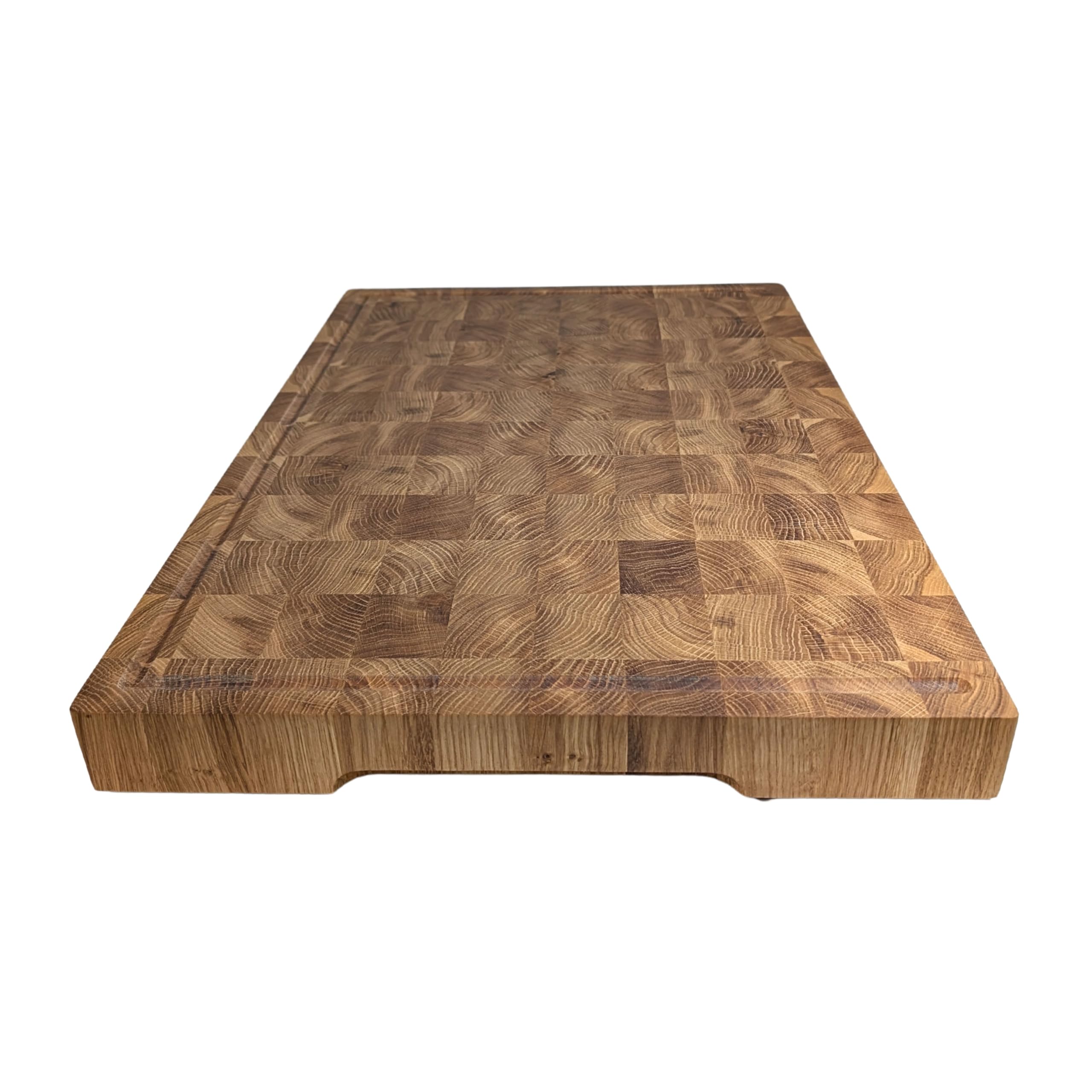 Hackblock Stirnholz XXXL Premium Schneidebrett Eiche 60x40x4,5 cm – Tranchierbrett mit Saftrillen, Rutschfeste Füße, Langlebiges Küchenbrett aus hochwertigem Eichenholz