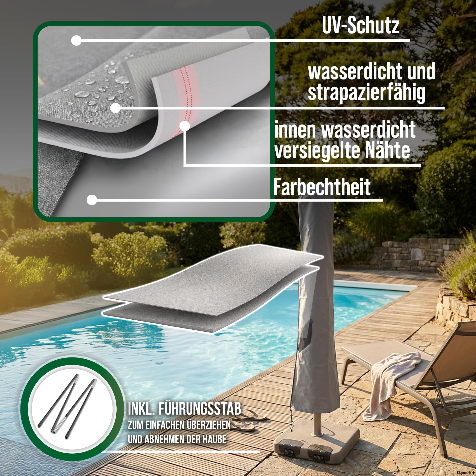 Sonnenschirm Schutzhülle für runde Schirme bis Ø350cm, eckige bis 260x260cm, grau, Oxford 600D Gewebe, Sonnenschirm Abdeckung wasserdicht, UV-beständig und wetterfest