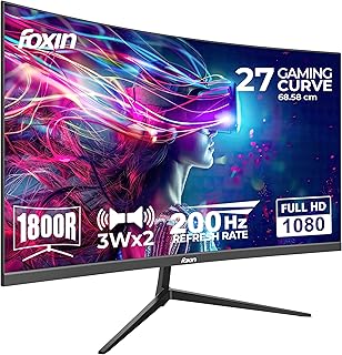 Foxin Phantom 27 inch (68.58 cm) 1800R Curved Gaming Monitor, FHD 1920x1080p, 200Hz, 1ms, Adaptive Sync | HDMI, VGA & Type-C Ports | RGB Backlight, Built-in Speakers | Wall Mountable | Black