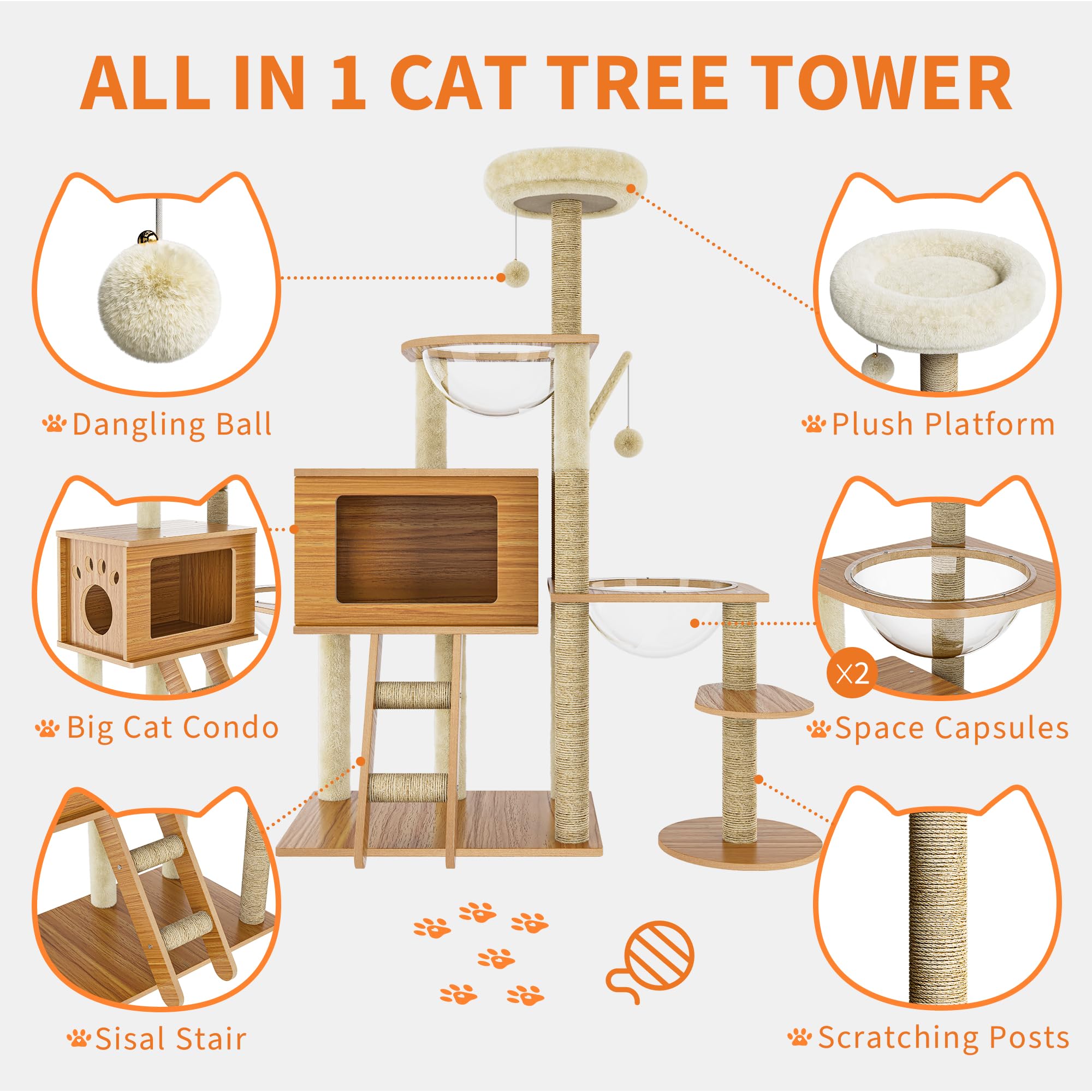 Modern Wooden Cat Tree with Scratching Posts Condos Perching Platform Furballs Staircase Sturdy Easy-to-Clean Multi-Level Pussy Tower for Multiple Kitty to Climb Scratch Sleep Play