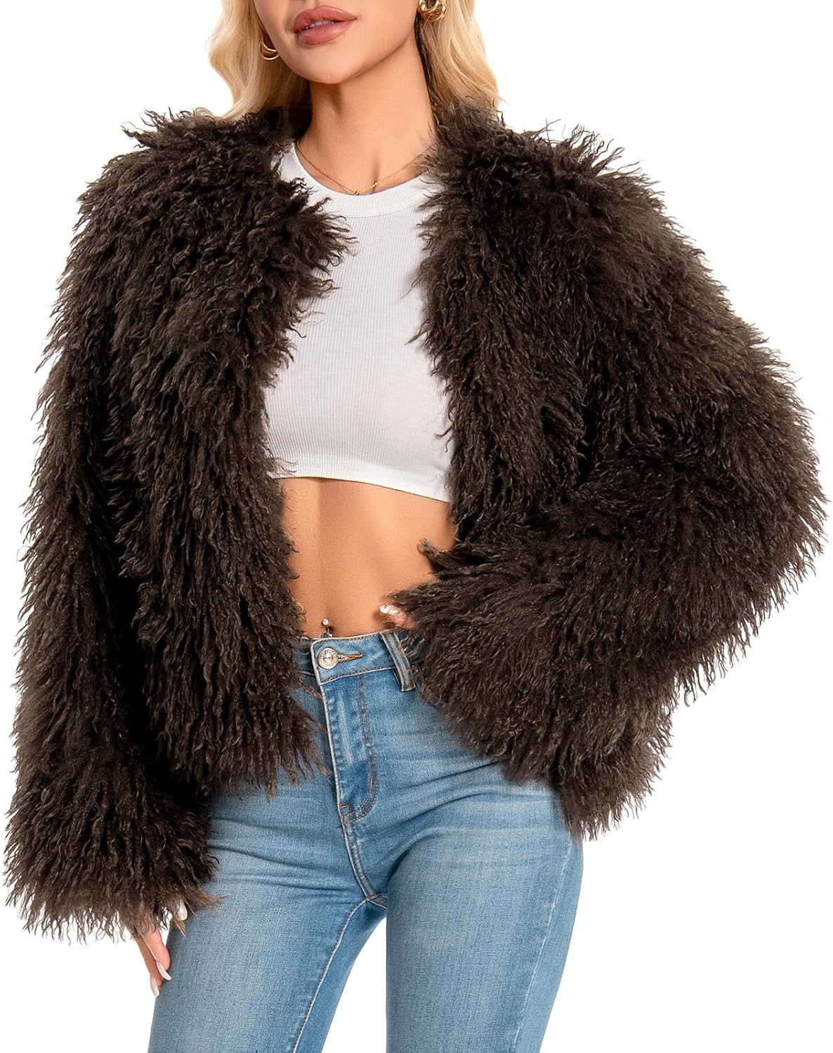 Fur Coats For Women, 2025 Plus Size Mongolian Faux Fuzzy Jacket Fluffy Long Sleeve Winter Coat with Pockets.