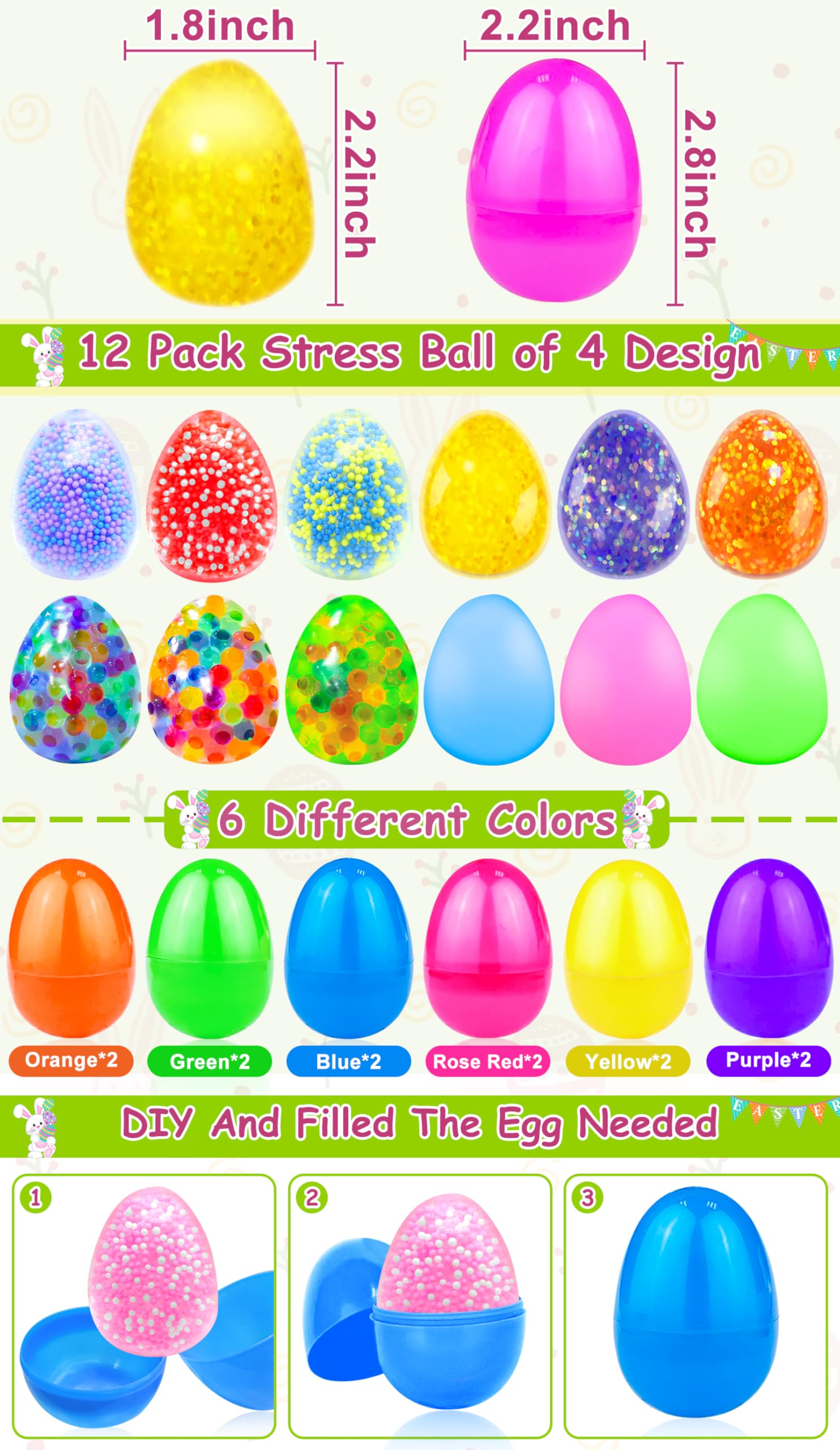 Condition photo showing New/Like New for 12 pack easter egg fillers with relief stress balls squishy fidget toys easter eggs filled easter basket stuffers for toddler kids girls boys teens hunt party favors gifts classroom prizes supplies