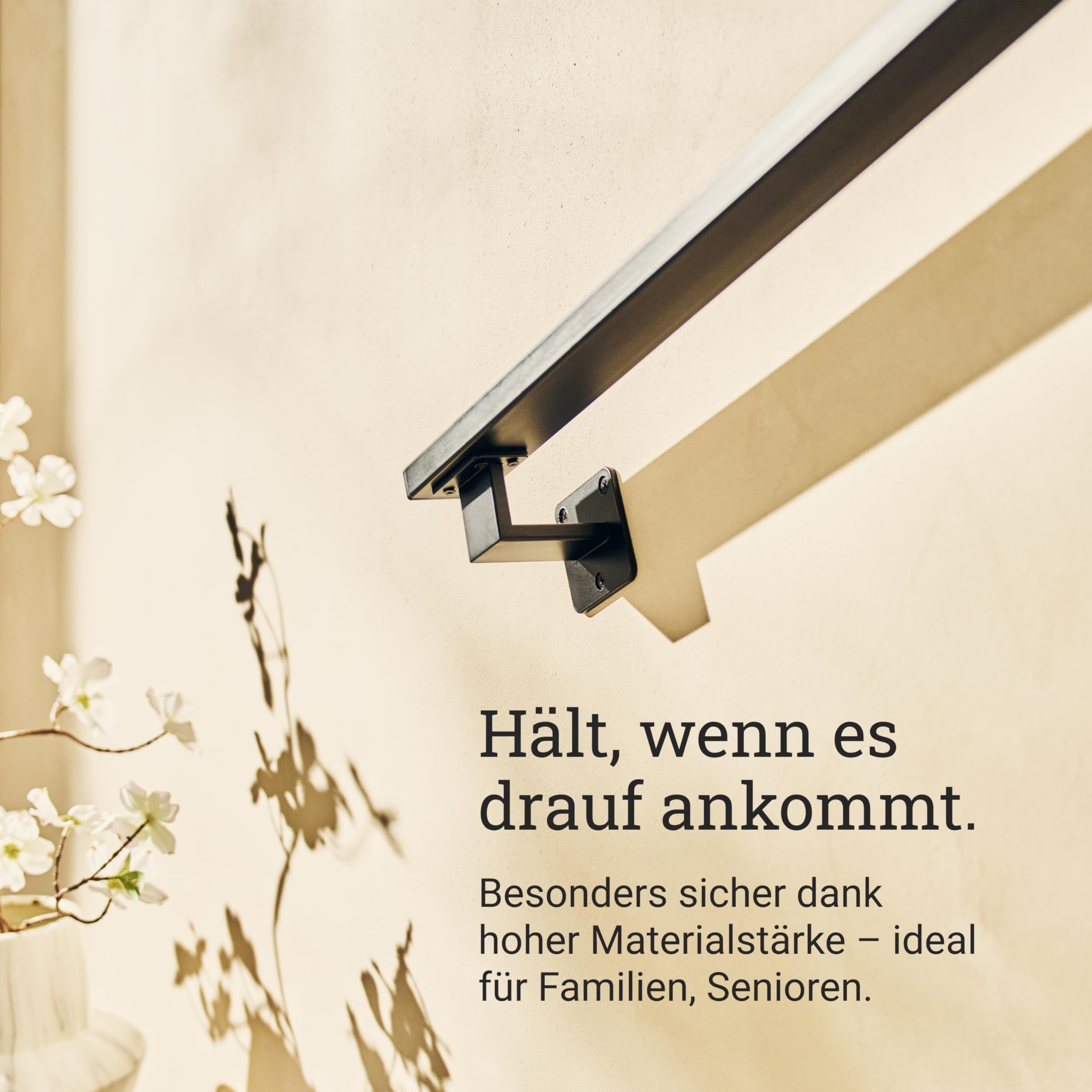 Natural Goods Berlin Handlauf Set OBLONG Metall schwarz / 2x Stück Handlaufhalter WIDE & 150cm Treppengeländer/rostfreier, pulverbeschichteter Treppenhandlauf/Handlauf Treppe Innen & Außen
