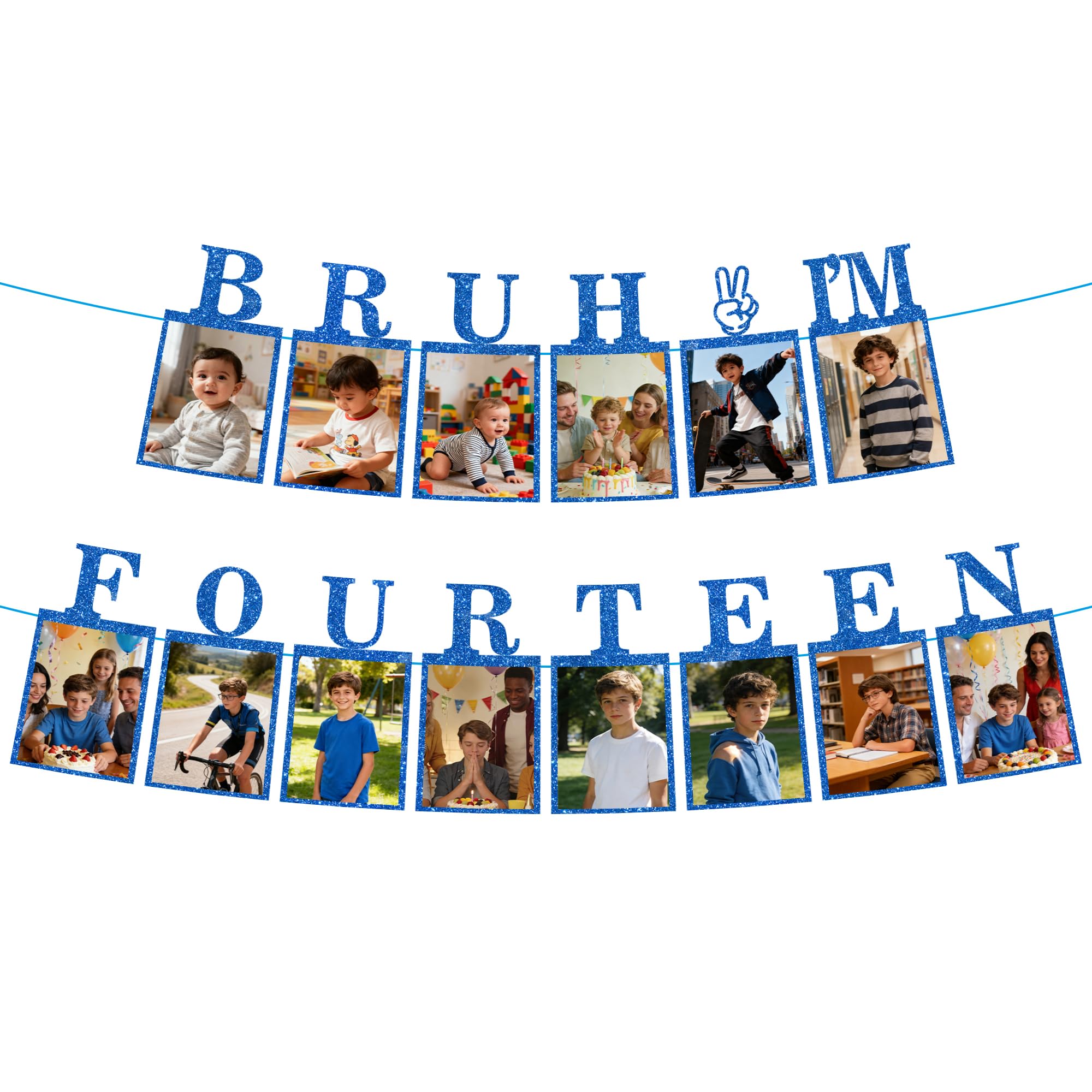 14th Birthday Decorations Photo Banner - Blue Boy Hanging BRUH I'M FOURTEEN Banners Picture Decoration Happy 14th Birthday Photo Display Bunting for 14 Years Old Boys Party Wall Decor Supplies