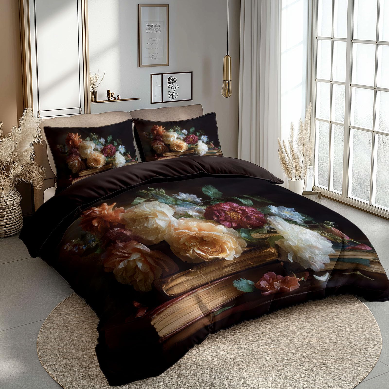 Juego de ropa de cama de 155 x 220 cm, pintura al óleo con diseño de flores muertas, libros, funda nórdica con estampado 3D de 3 piezas con cremallera y 2 fundas de almohada de 80 x 80 cm, modernos