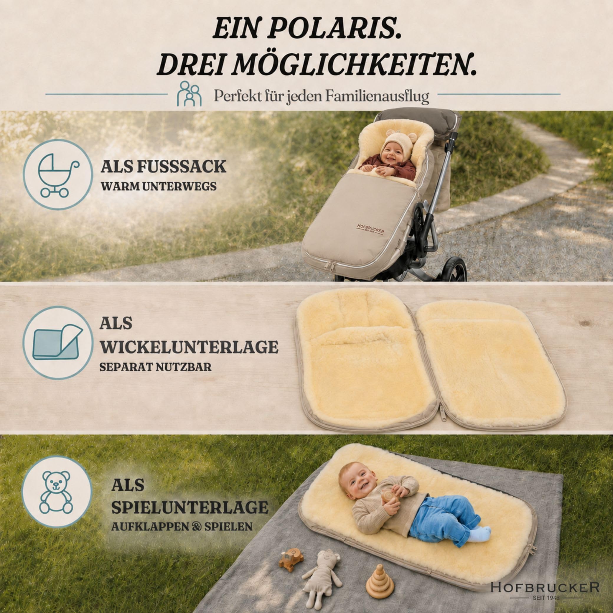 Hofbrucker Kinderwagen Fußsack Polaris – Warm & kuschelig, ideal für Babys & Kleinkinder, hochwertiges Lammfell, passend für Joolz, Cybex & Bugaboo Sportsitz, atmungsaktiv und Wind & Wasser abweisend