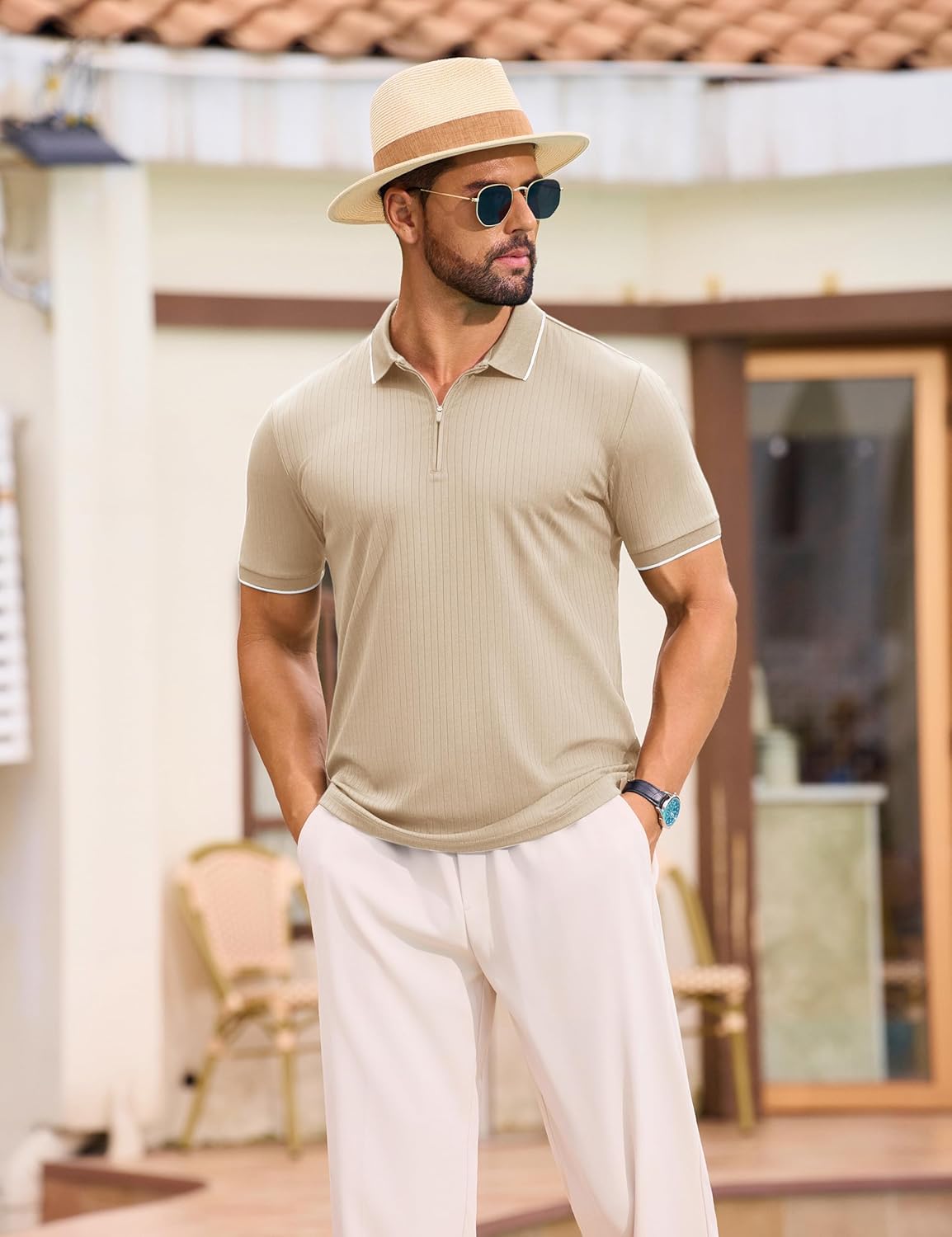 Cotrasen Mens Zipper Polo Shirts Short Sleeve Dual Tipped Collar Golf Shirts Fashion Textured Slim Fit T-Shirts - Image 3