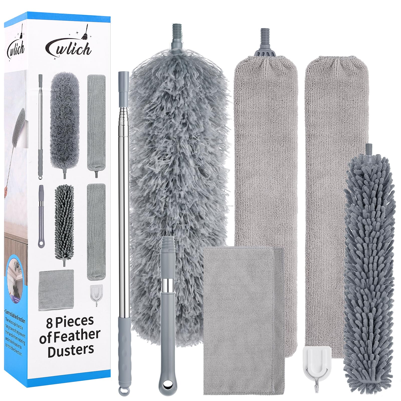 wlich Staubwedel Teleskop Waschbar, 1 Staubwischer Mikrofaser 1 Chenille Staubwedel 1 Biegbar Spalt-Staubreiniger mit 1 Teleskopstange und 1 Griff Kurz für Reinigung Möbel Deckenventilator Spinnweben
