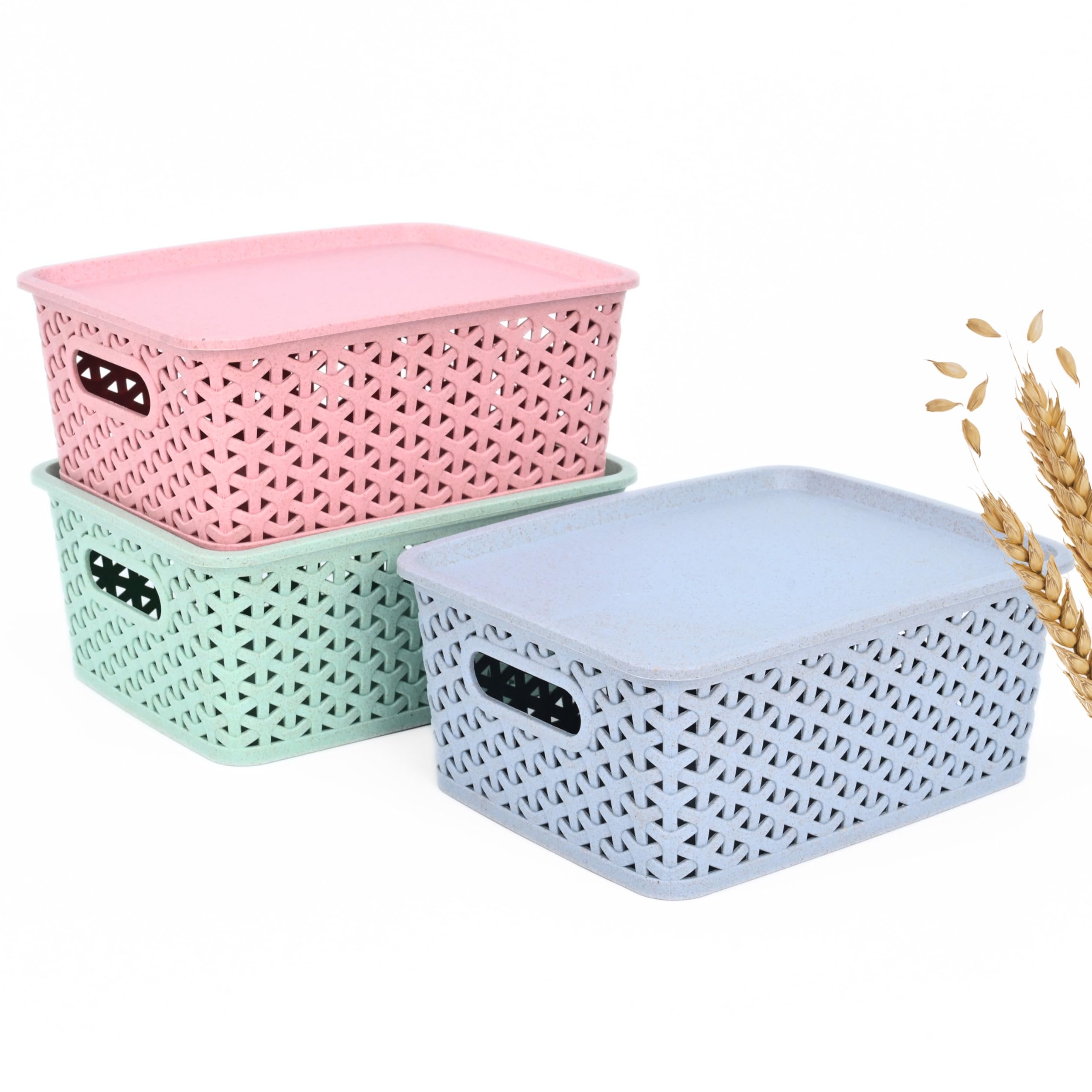 Eha Earth Friendly Multipurpose Basket For Storage With Lid | Set of 3, 4.8L | Made With Rice Husk and Bamboo Fibers | Kitchen Organiser, Bathroom Organiser, Dressing Table Organizer | Pastel (B0D6BGN3P5) Amazon Price History, Amazon Price Tracker