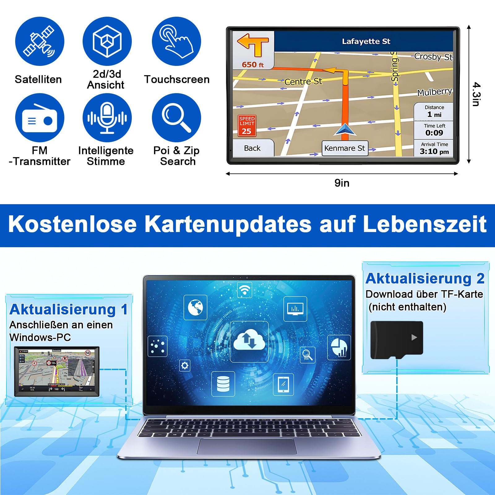 Navi für wohnmobile 9 Zoll,LKW navigationsgeräte-GPS mit Echtzeit Verkehrsinformationen,mit HD-Display und Sprachsteuerung,europäische Karten,geeignet für PKWs,Wohnmobile und LKWs