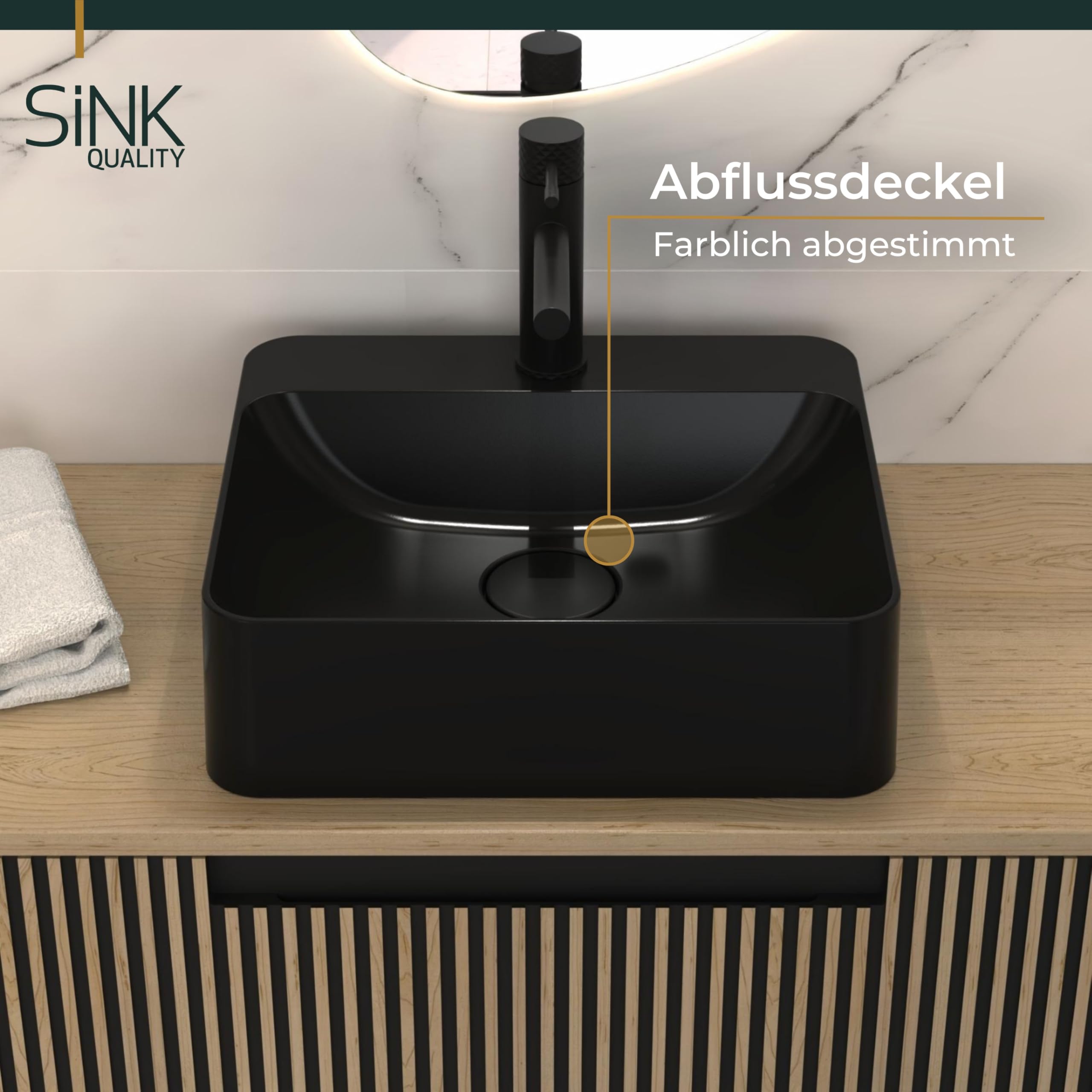 SINK Quality Umywalka nablatowa z otworem armaturowym 45 x 39 cm, czarna matowa – umywalka prostokątna z kompozytu kwarcowego S-QUARTZ, duża umywalka do łazienki, z pokrywą odpływu i zestawem syfonu