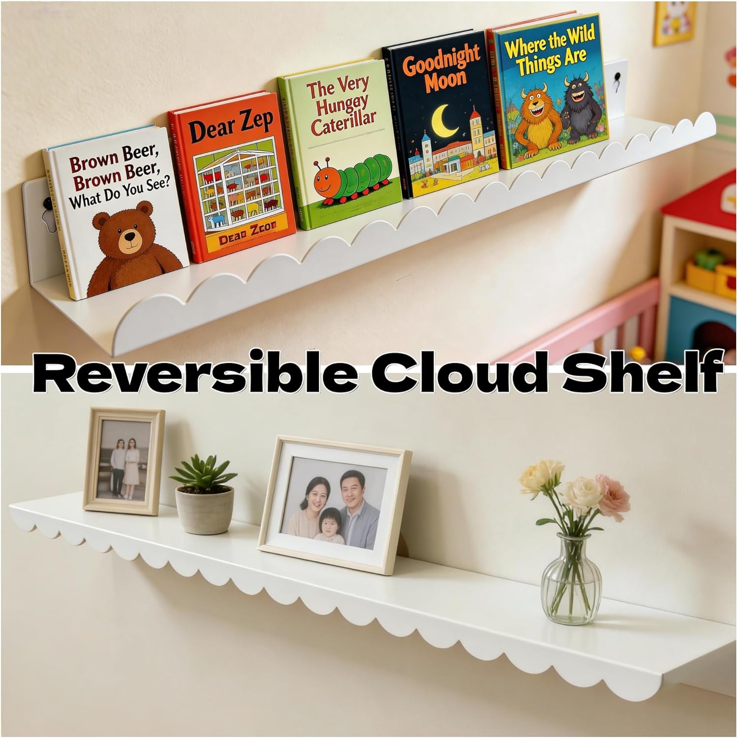 24 Inch Nursery Book Shelves Set of 4, White Metal Floating Shelves for Wall, Scalloped Cloud Book Shelf for Kids Room, Bathroom, Bedroom, Playroom Wall Decor & Storage