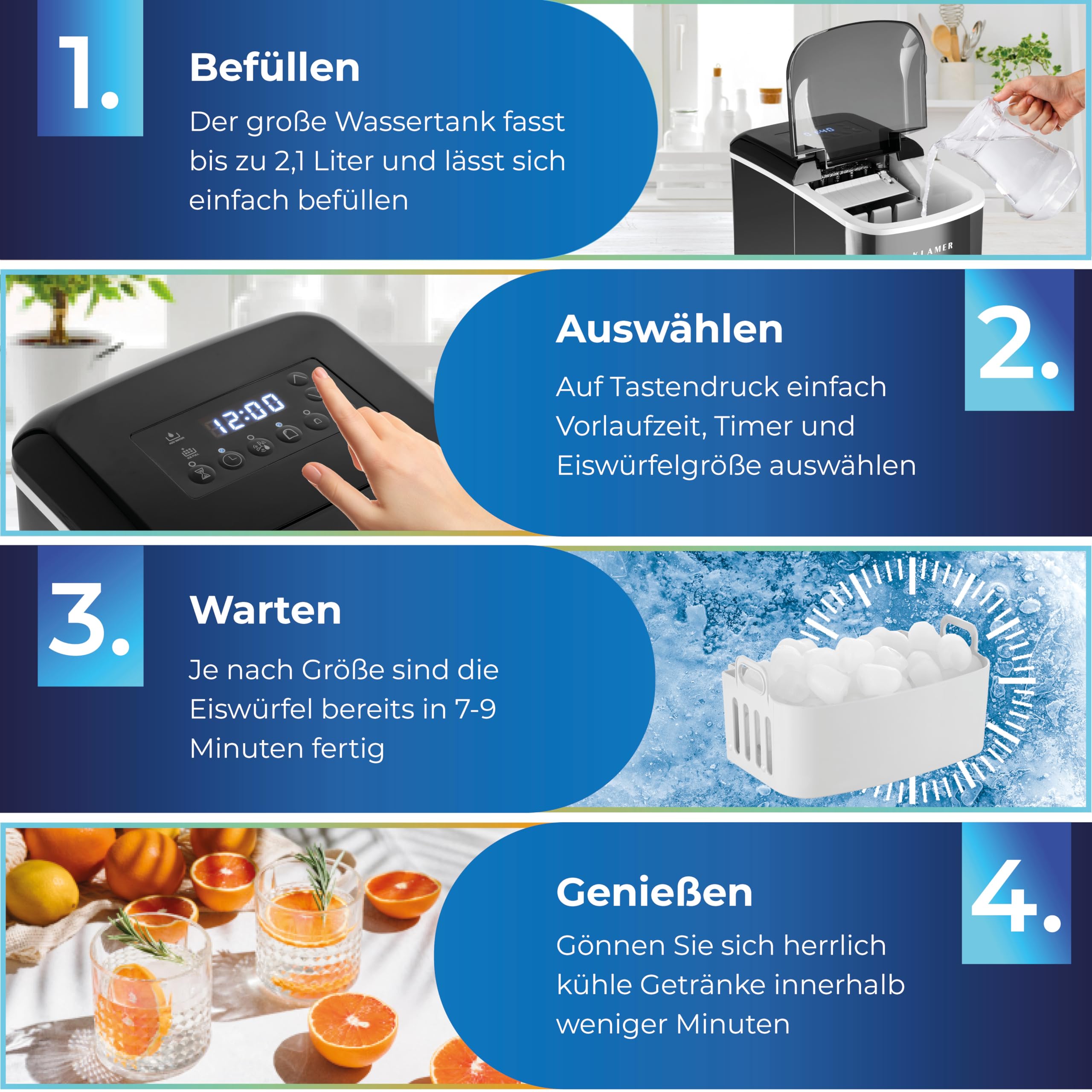 KLAMER Eiswürfelmaschine klein 10 Eiswürfel in 7 Min 15 kg pro Tag leiser Ice Maker Timer schwarz