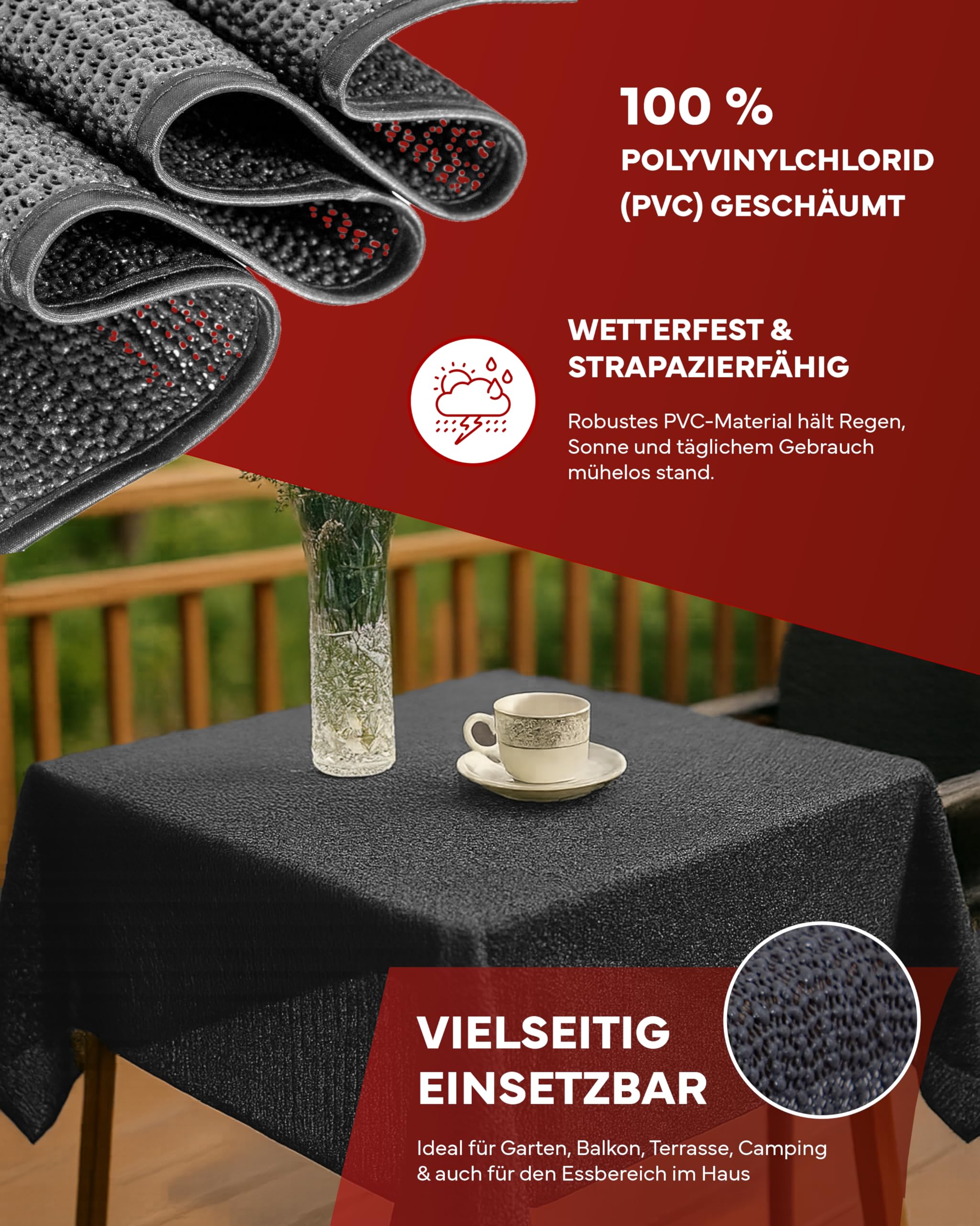 Tischdecke 140 x 180 cm oval grau Gartendecke mit Saum abwaschbar Gartentischdecke Balkon Terrasse wetterfest