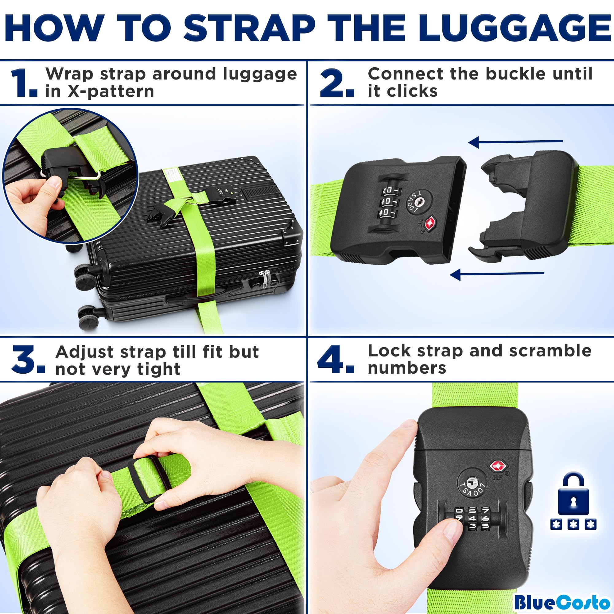 BlueCosto - Luggage Strap with TSA Lock - 2.2 to 4m Adjustable, Neon Green - TSA Approved Suitcase Security Belt with 3 Digit Combination Locking