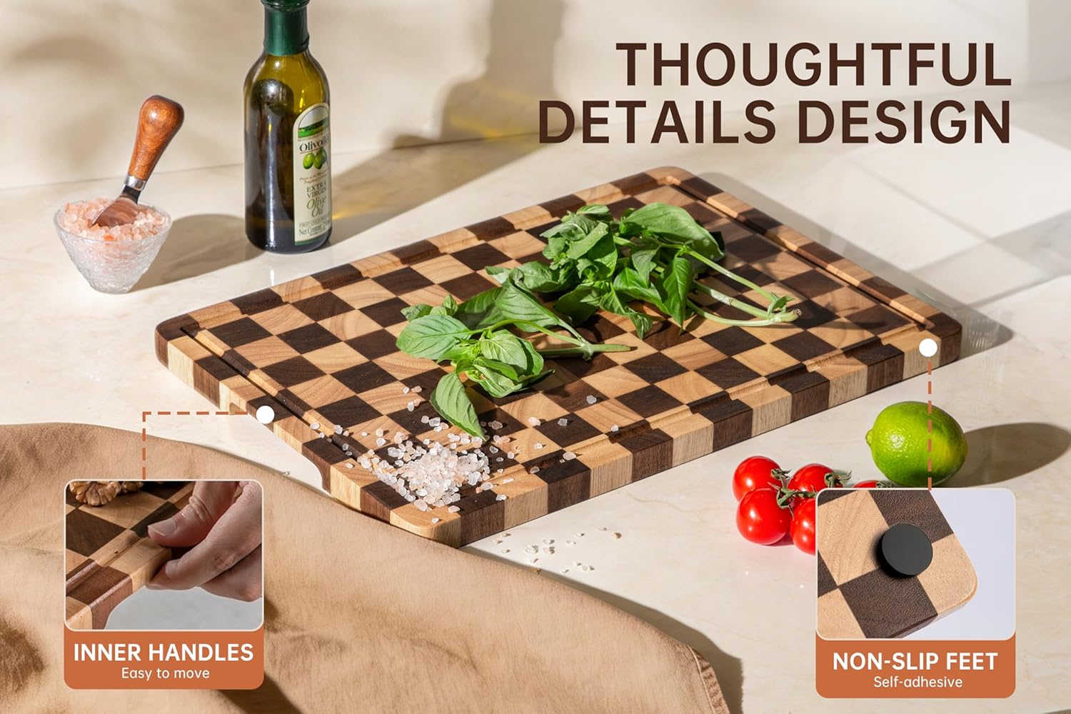 Checkered Cutting Boards for Kitchen, Acacia Wooden Chopping Board with Juice Grooves & Handles, Decorative Cutting Board Large Butcher Block Serving Tray with Gift Box, 16.5" x 11.6" x 0.8"