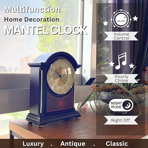 Miniatura 3 de Reloj de repisa antiguo estilo clásico de lujo dorado reloj Dial Alnus madera reloj marco horario carillón sin tictac modo nocturno