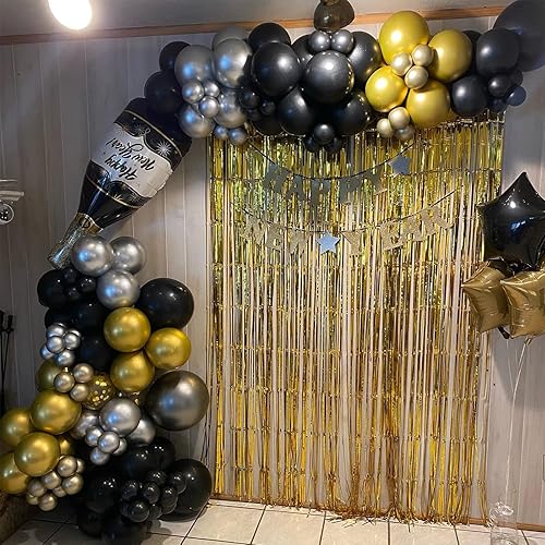 Miniatura 6 de Kit de arco de guirnalda de globos de botella de champán de Año Nuevo, 119 globos metálicos plateados cromados dorados y negros con globos de