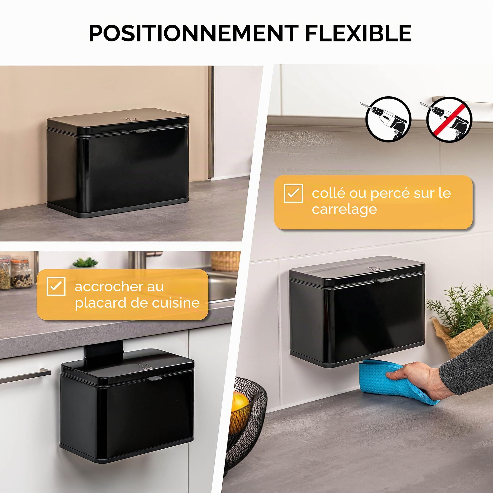 eluno Poubelle Bio 3 l avec Filtre Anti-odeurs, à Suspendre, Poser ou Coller, Seau à Compost, 3 Modes de Montage (Noir)