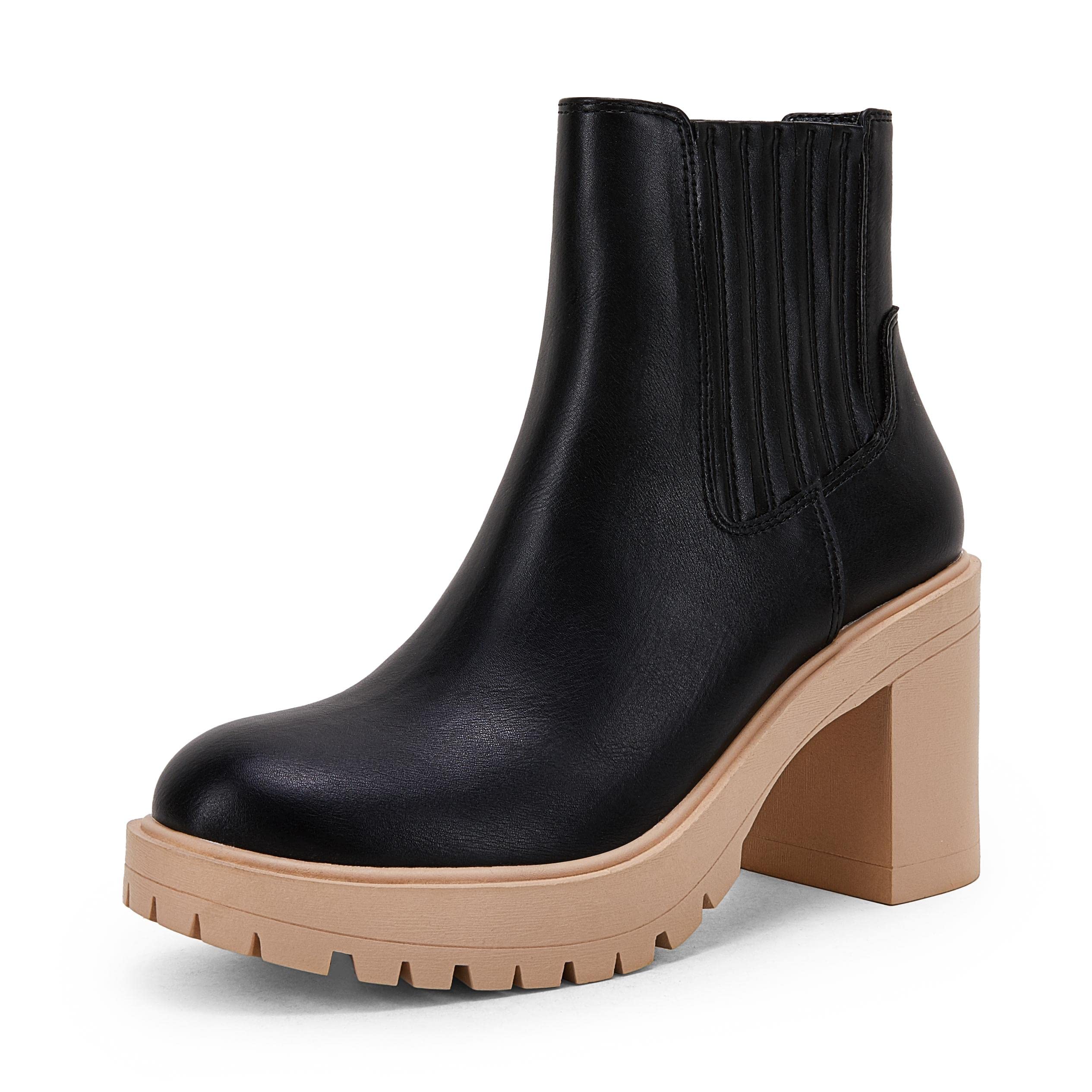 RuanyuWomems Platform Lug Sole Ankle Boots Chunky Block Heel Seam Booties Combat Cozy Round Toe Chelsea Shoes