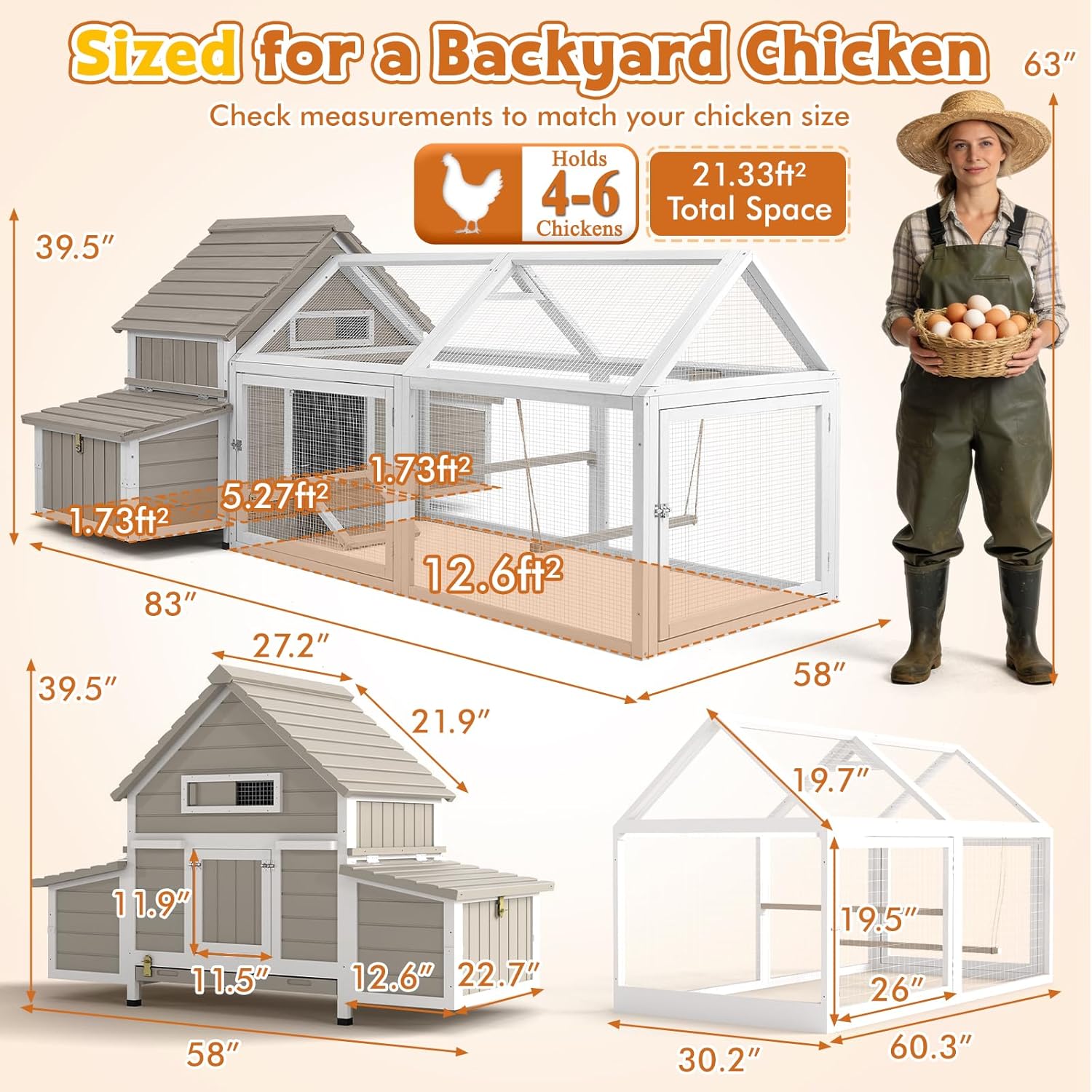 83"L Large Chicken Coop with Run for 4–6 Chickens Wooden Backyard Hen House with Curved Roof, Peaked Run Top, 4 Reinforced Nesting Boxes, Swing Perch, Dual Ramp Doors,Slide-Out Tray,Expandable