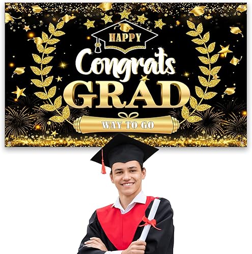 Miniatura 2 de Decoraciones para fiestas de graduación 2023, telón de fondo de graduación dorado y negro 2023  Cartel de felicitaciones para la clase de 2023 de