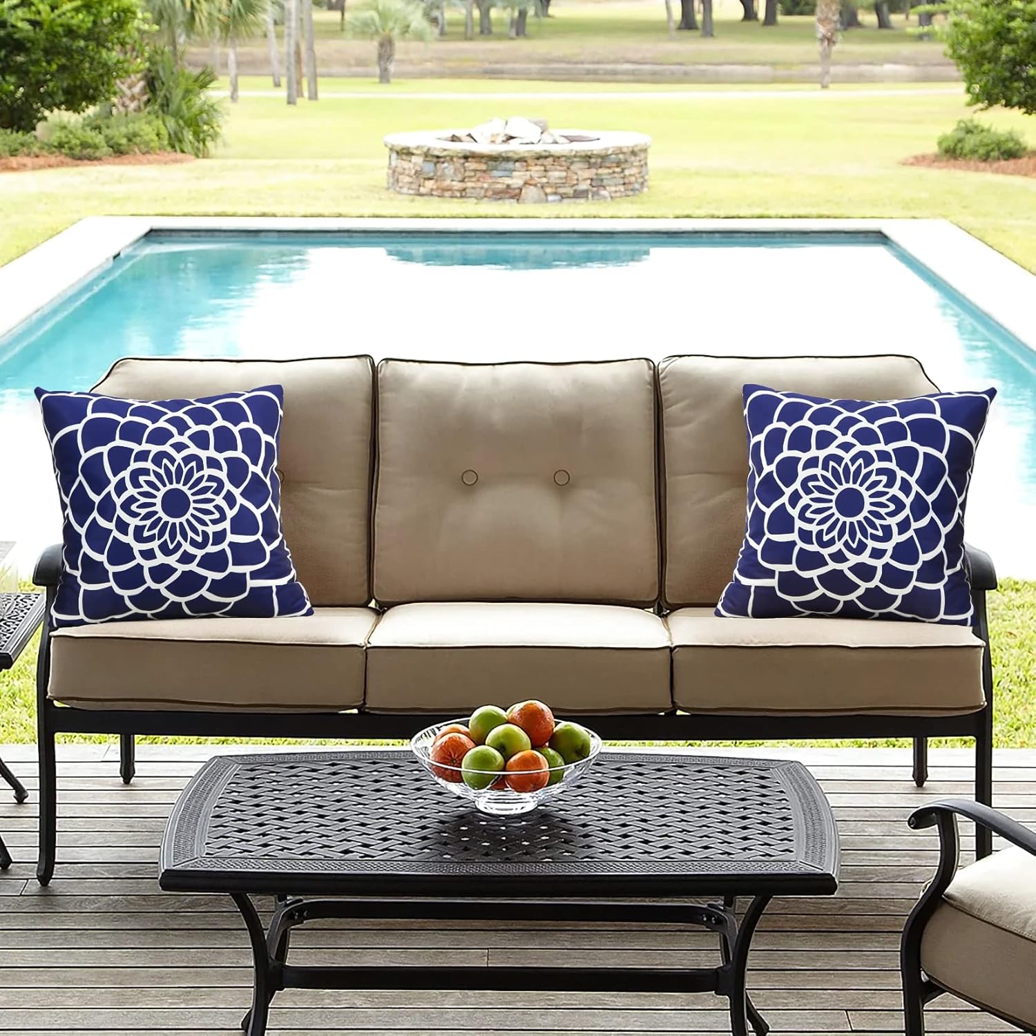 cygnus 18x18 Inch Navy Blue and White Mandala Throw Pillow Covers Outdoor Waterproof for Patio Furniture Sunbrella Outside Set of 2 : Patio, Lawn & Garden