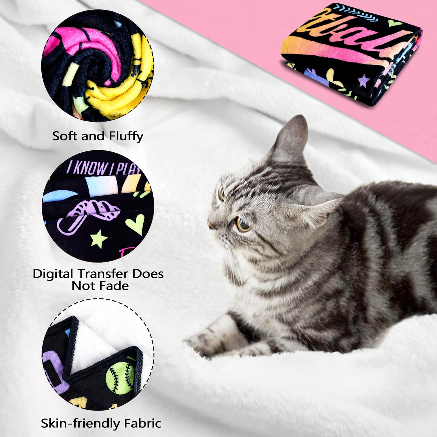 Softball Blanket Gifts for Boys Girls, Softball Lovers Throw Blanket Super Soft Lightweight Travel Bed Sofa Blankets for Sport Fans Kids Adults Player Coach, 50 x 60 Inch