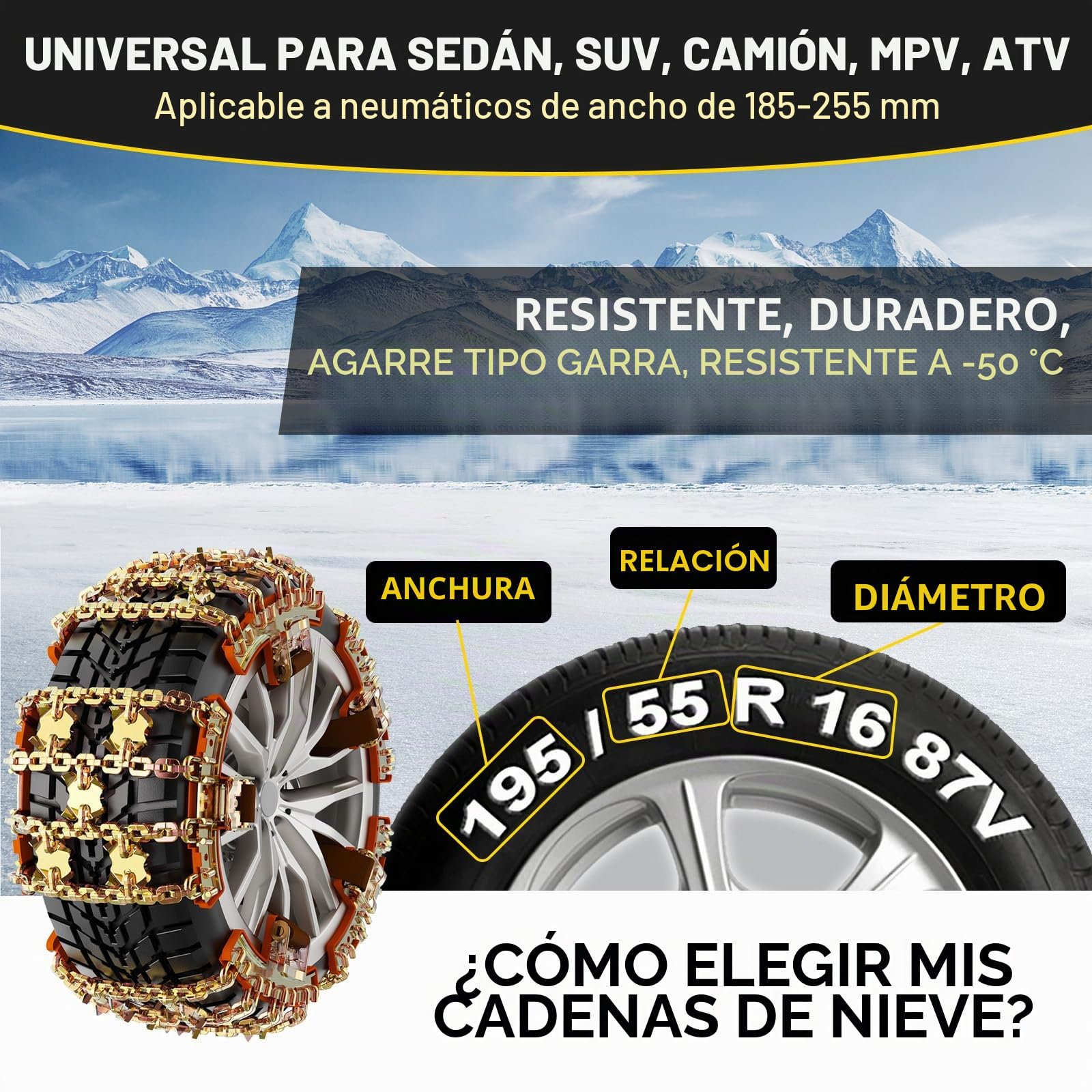 Cadenas de Nieve 6 piezas Ajustables Universal Cadenas para Coche con Pala para Nieve Fácil de instalar para Automóviles SUV Ancho Neumático 185-245mm
