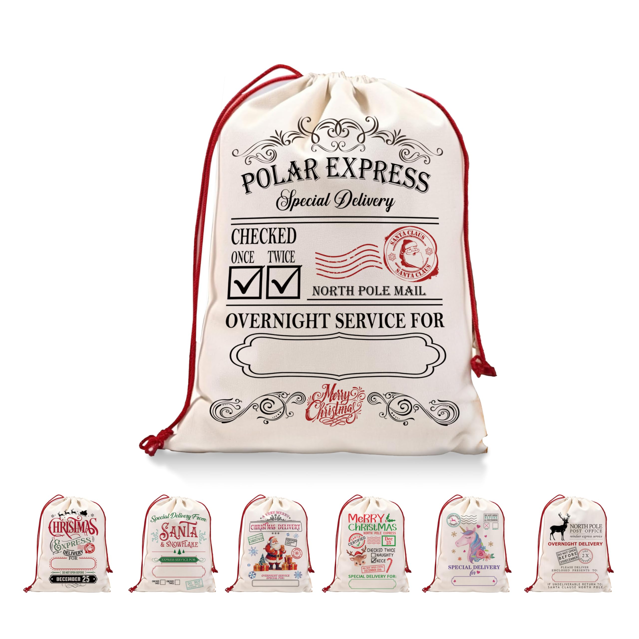 DOI-LANEE Santa Claus Sacks, Polar Express Canvas Bag, Christmas Gifts Bag with Drawstring, Xmas Gifts for Women Men, Christmas Eve New Year Xmas Presents for Children