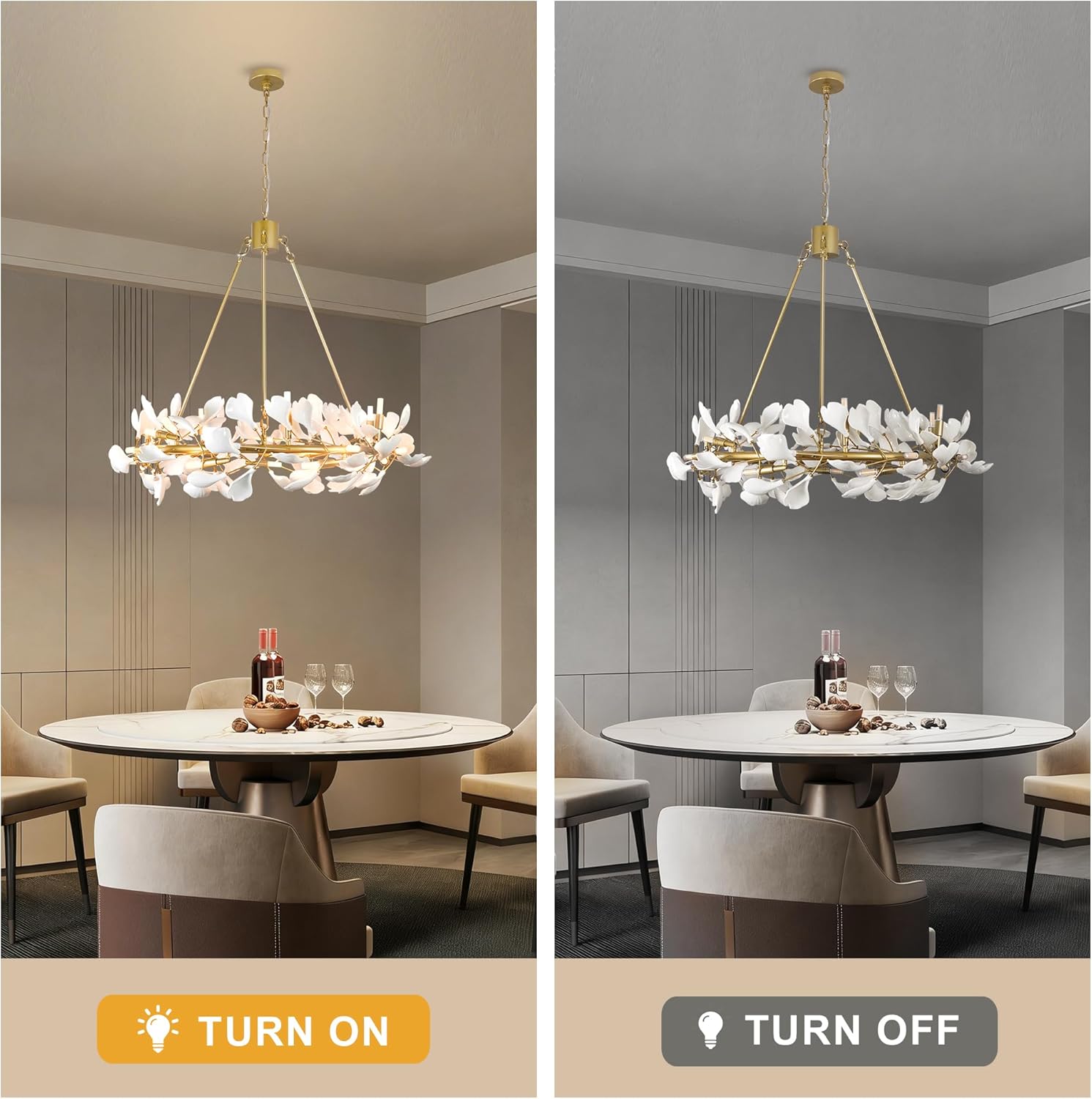 Gold Farmhouse Chandeliers for Dining Room 28 Lights Ceramic Ginkgo Leaf Chandeliers 35.5" Round Tree Branch Chandelier Light Fixture for Bedroom Entryway Kitchen Living Room
